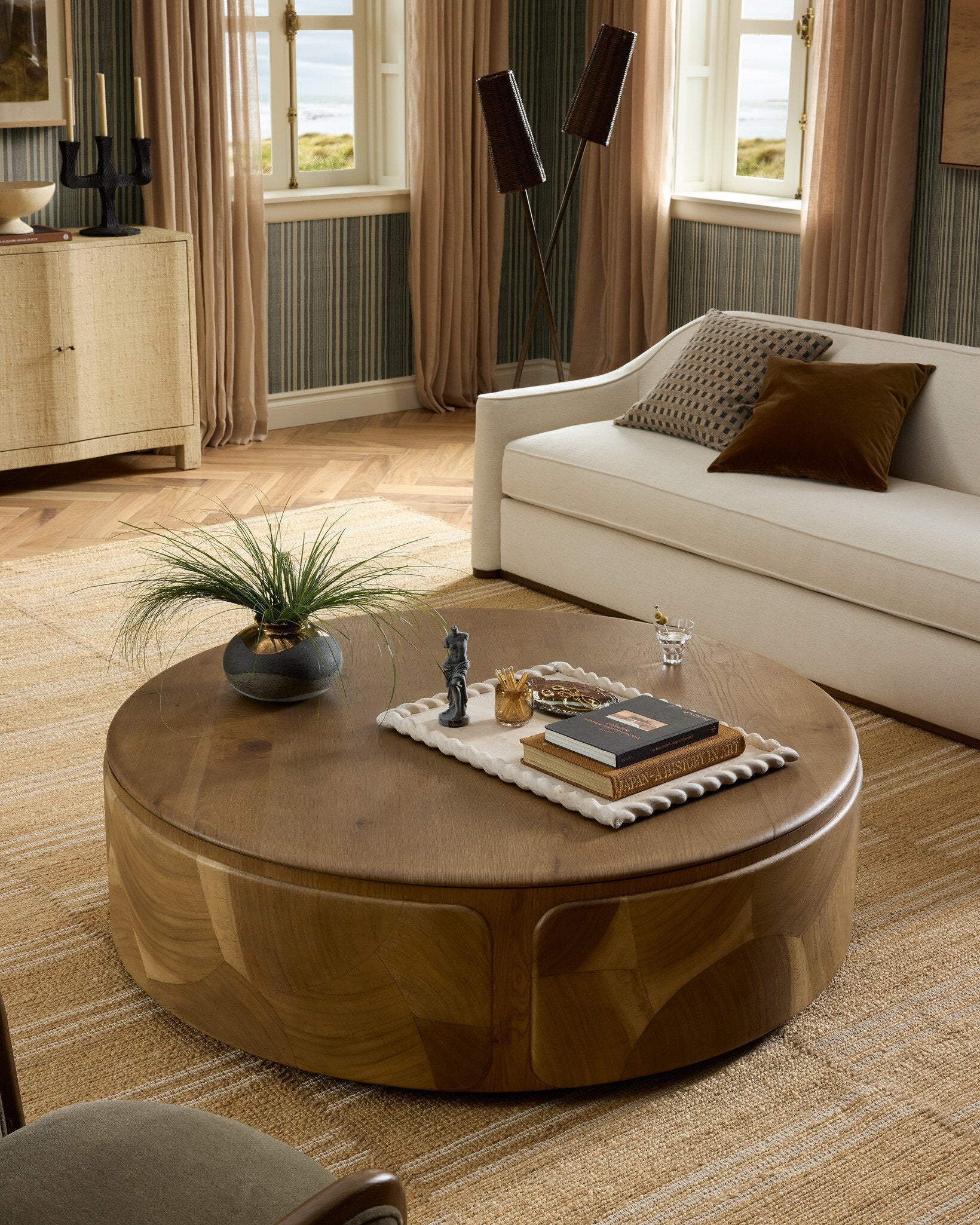 Four Hands Marlena Coffee Table — Ochre Guanacaste Oyster-Smoked American Oak Veneer-Smoked Oak Veneer