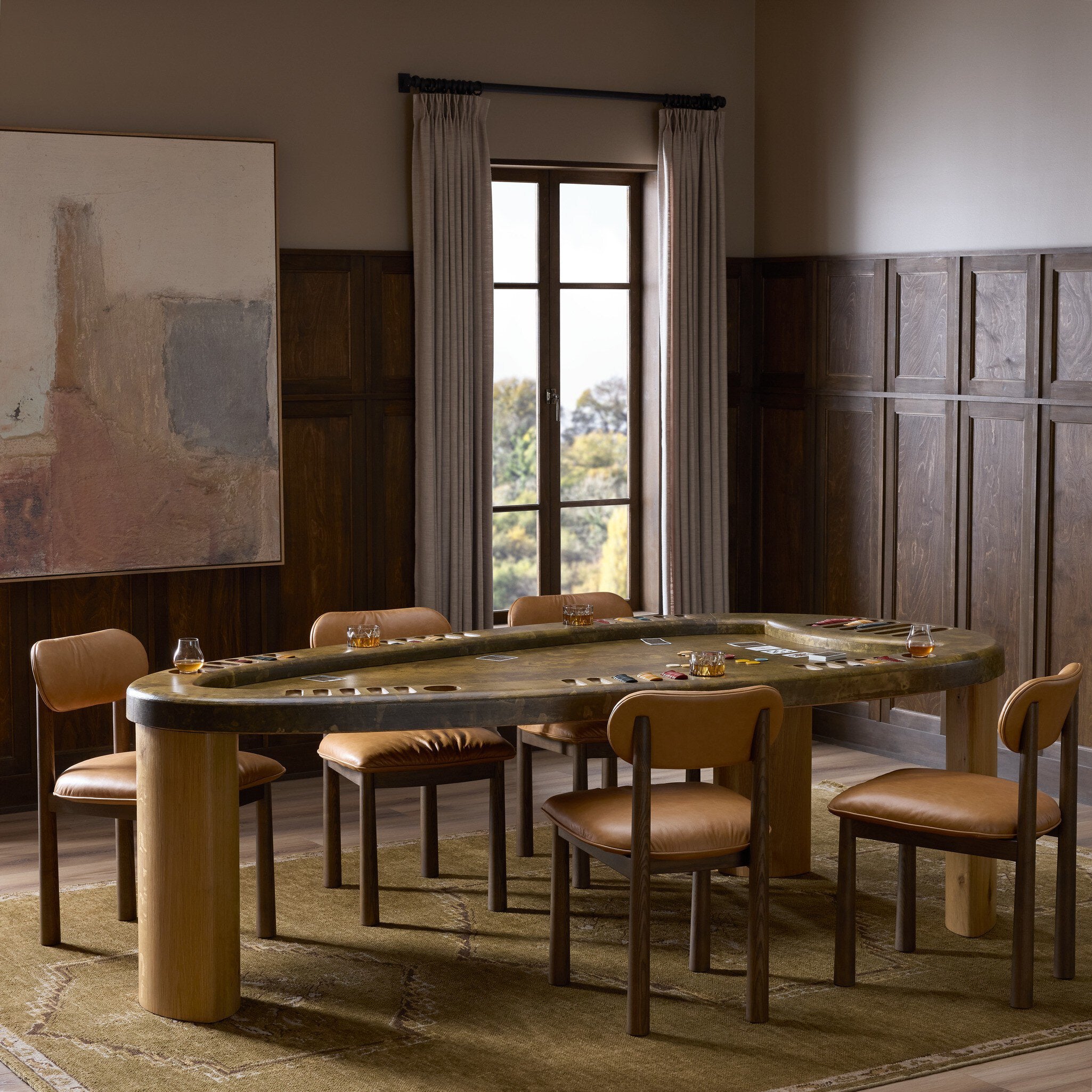 Four Hands Vella Poker Table — Smoked Aluminum-Smoked Oak Veneer-Light Guanacaste