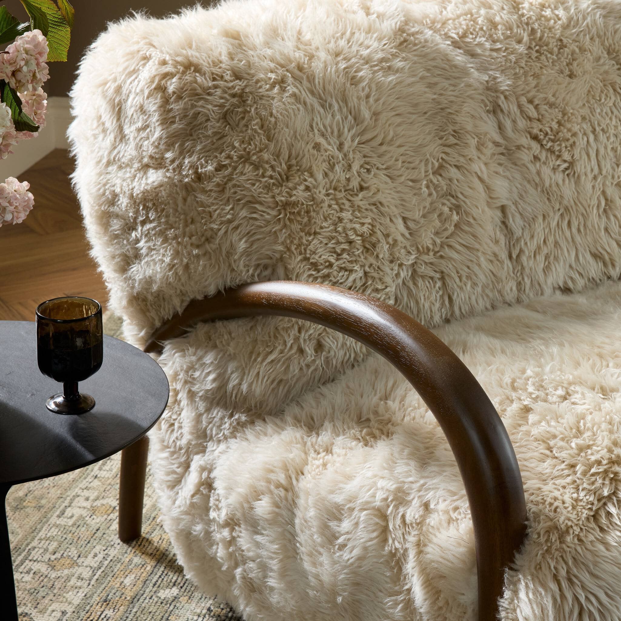 Four Hands Sandro Settee — Champagne Mongolian Fur-Almond