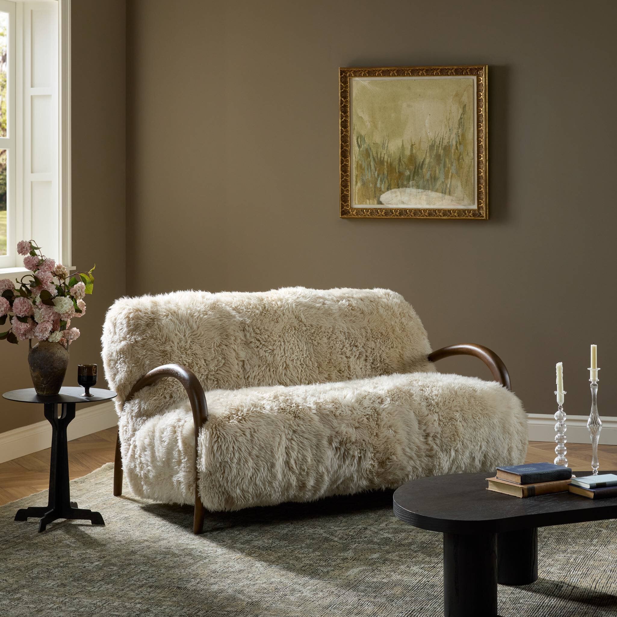 Four Hands Sandro Settee — Champagne Mongolian Fur-Almond