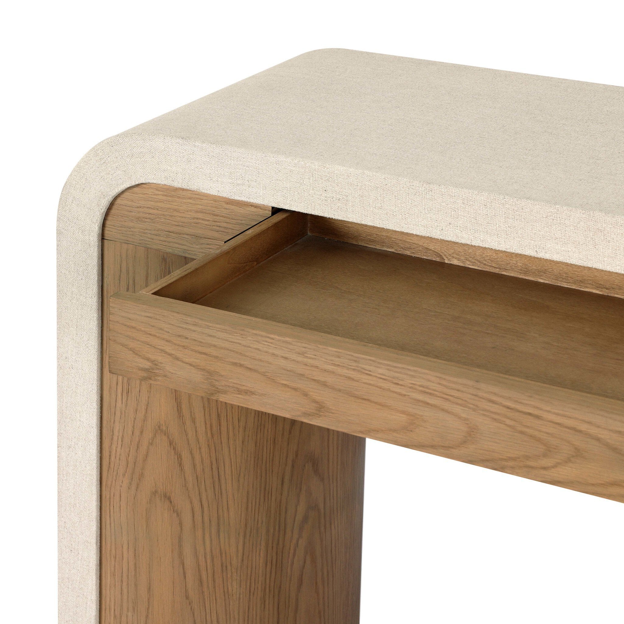 Four Hands Jane Console Table — Beige Painted Linen-Sandy Oak Veneer
