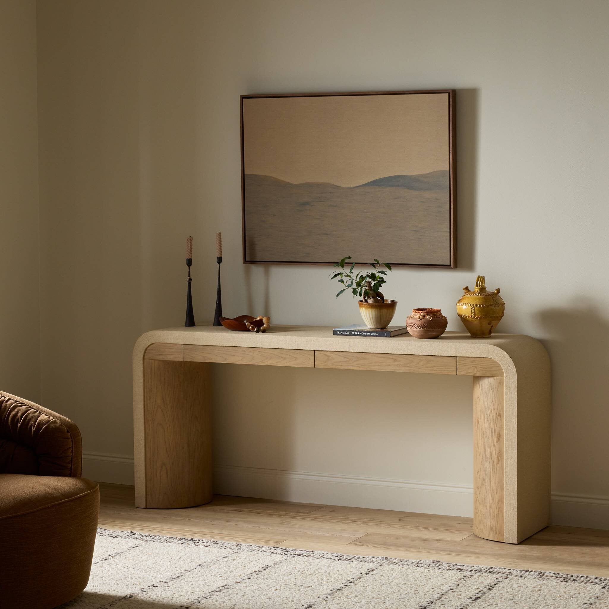 Four Hands Jane Console Table — Beige Painted Linen-Sandy Oak Veneer