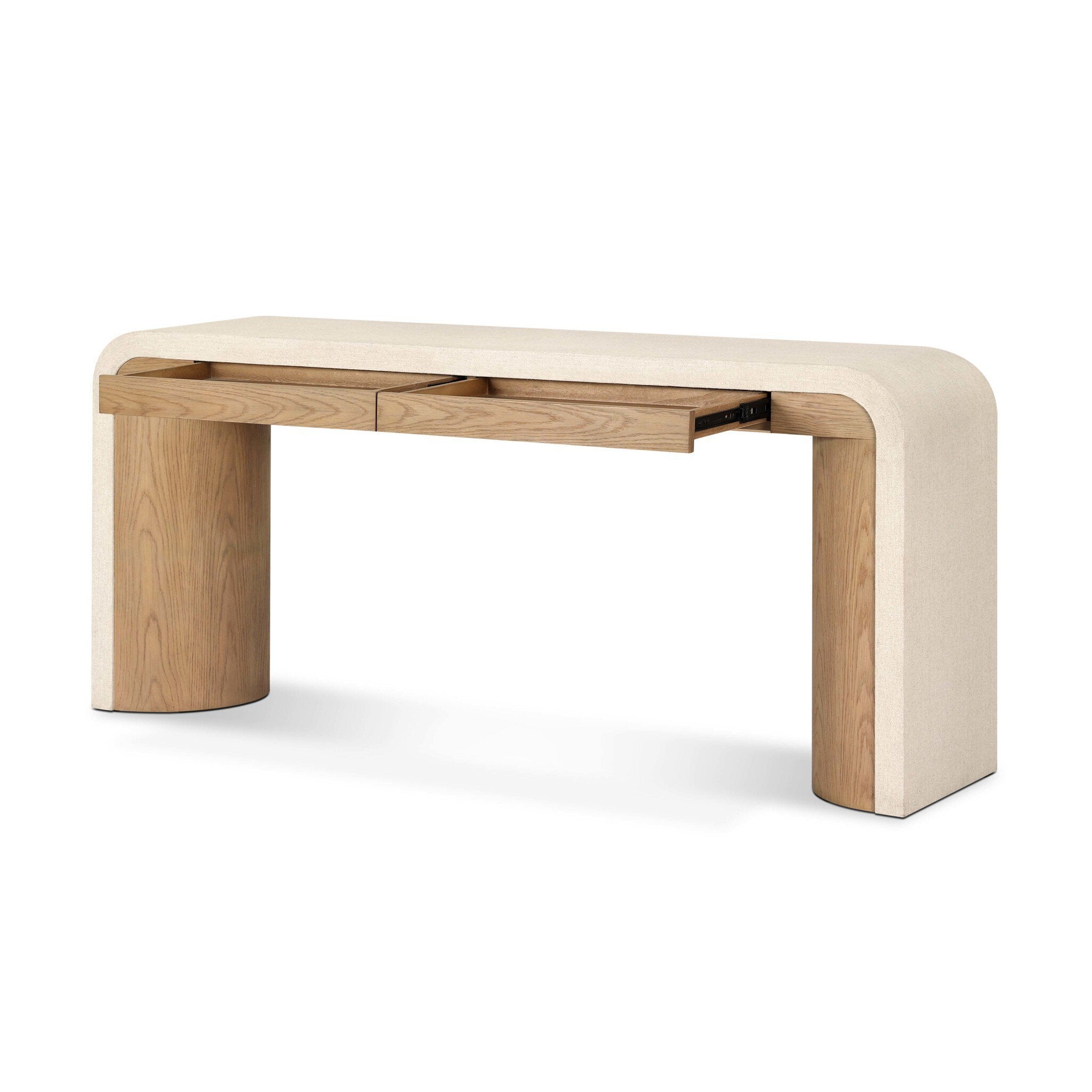 Four Hands Jane Console Table — Beige Painted Linen-Sandy Oak Veneer