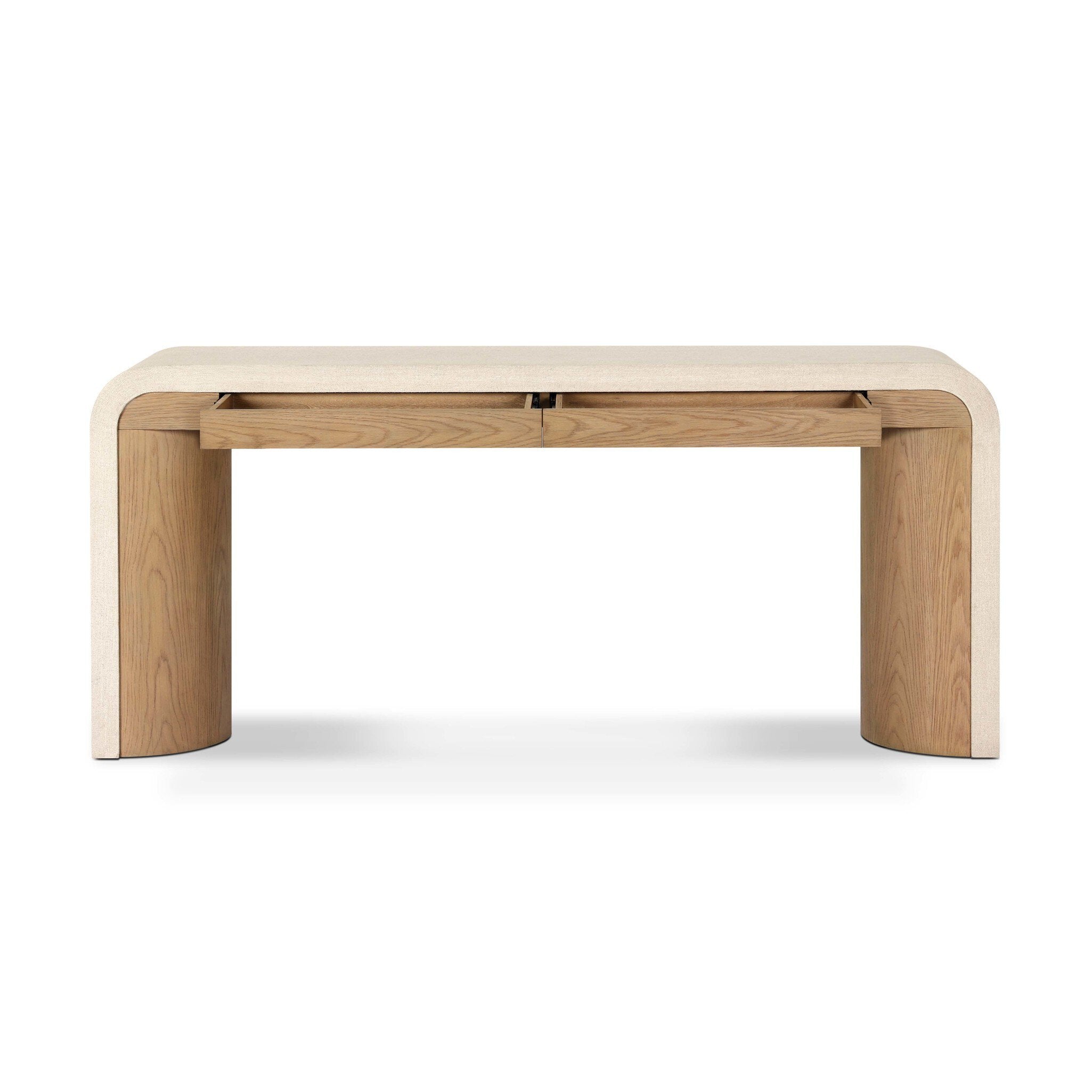 Four Hands Jane Console Table — Beige Painted Linen-Sandy Oak Veneer