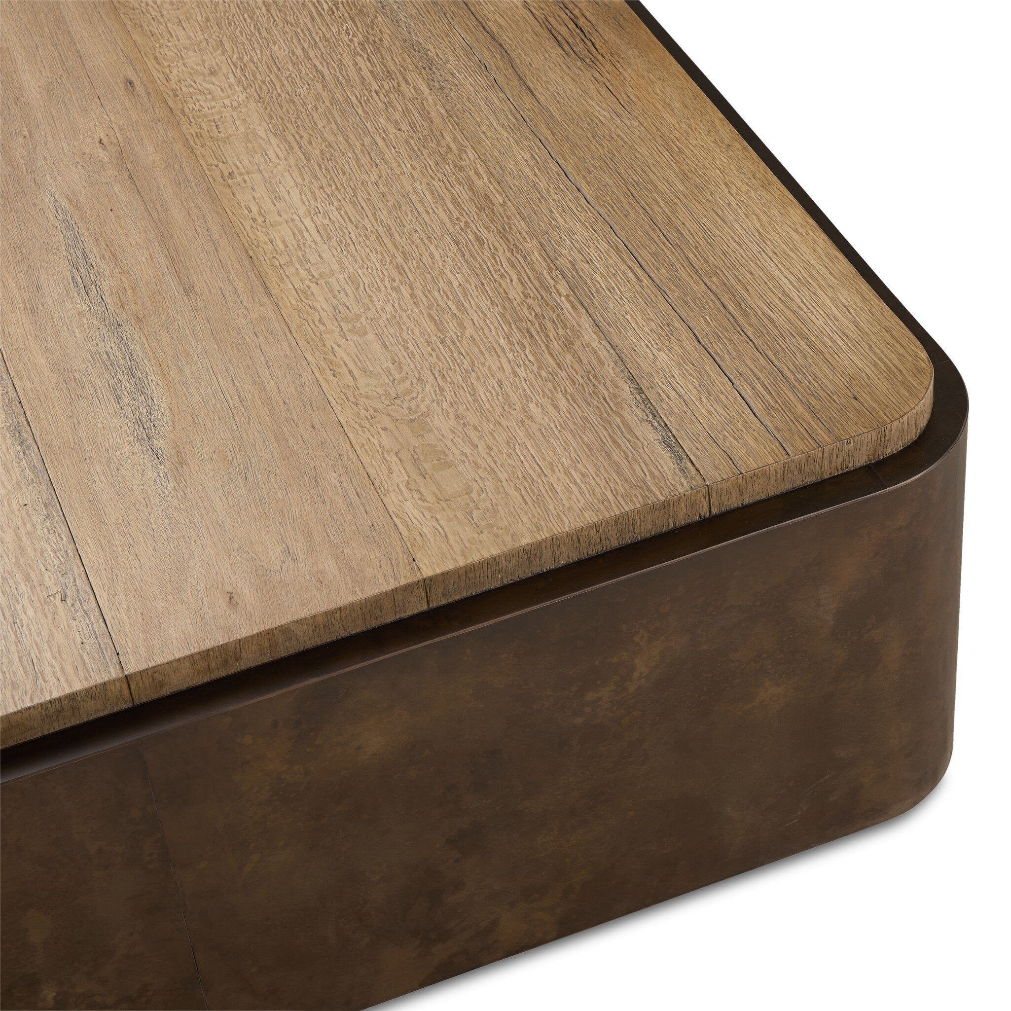Four Hands Kipp Square Coffee Table — Burnt Bleached Oak Resawn-Rust Aluminum-Black Pine