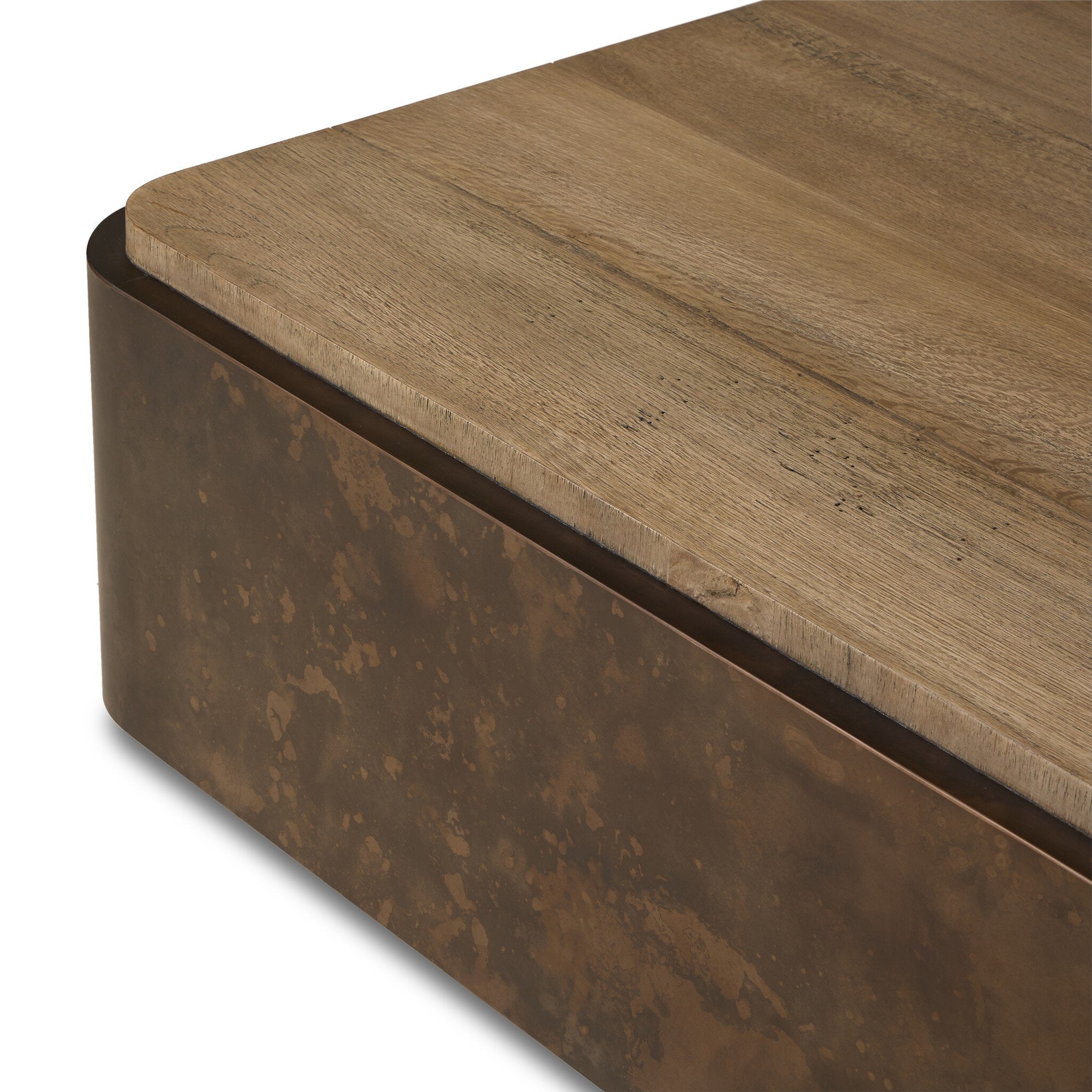 Four Hands Kipp Square Coffee Table — Burnt Bleached Oak Resawn-Rust Aluminum-Black Pine