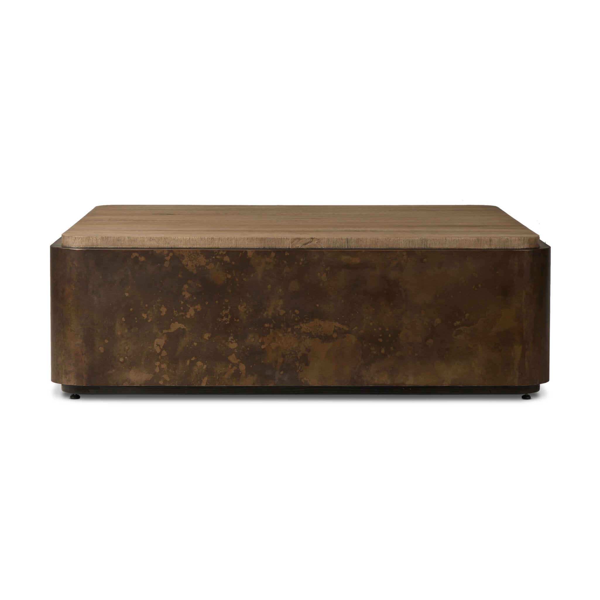 Four Hands Kipp Square Coffee Table — Burnt Bleached Oak Resawn-Rust Aluminum-Black Pine