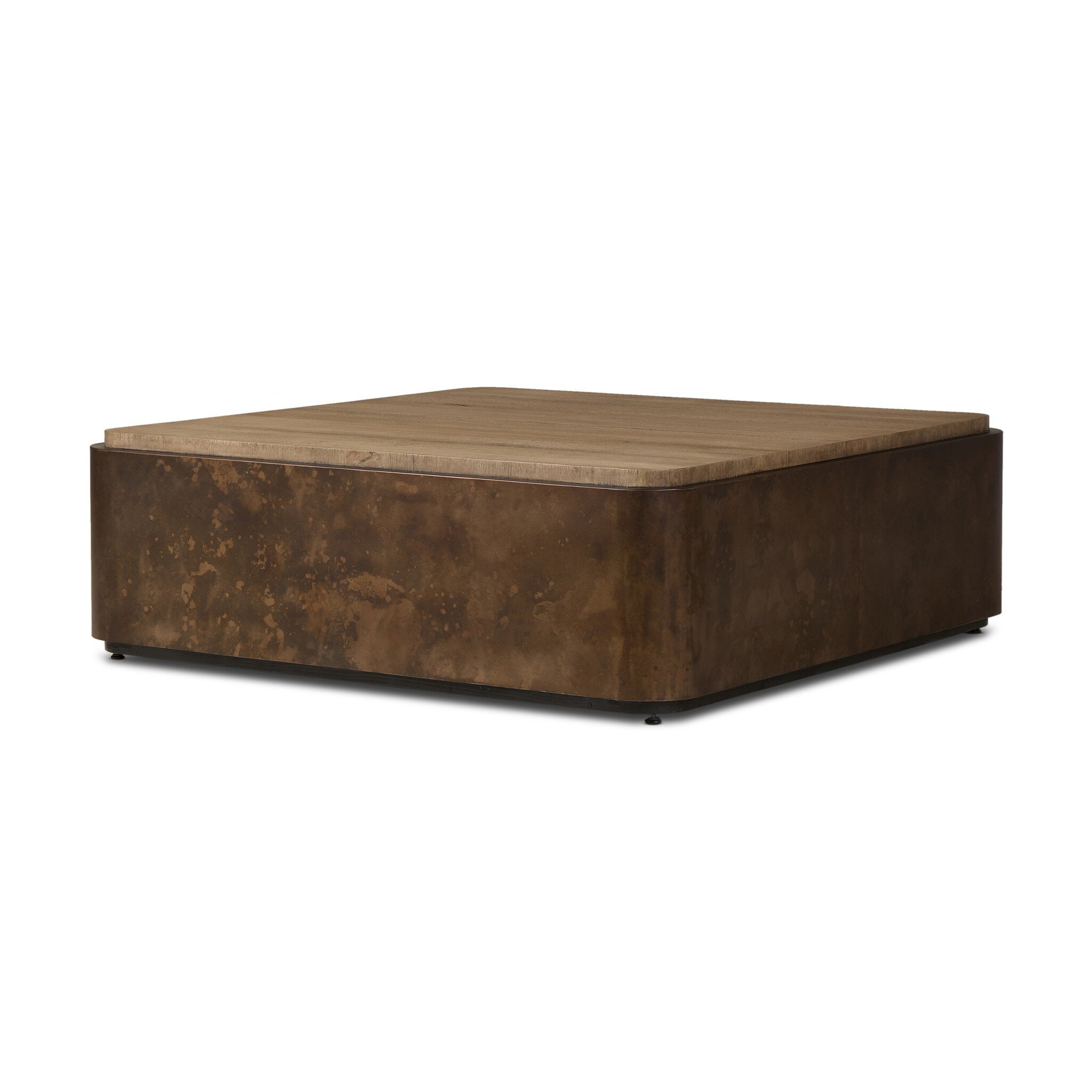 Four Hands Kipp Square Coffee Table — Burnt Bleached Oak Resawn-Rust Aluminum-Black Pine