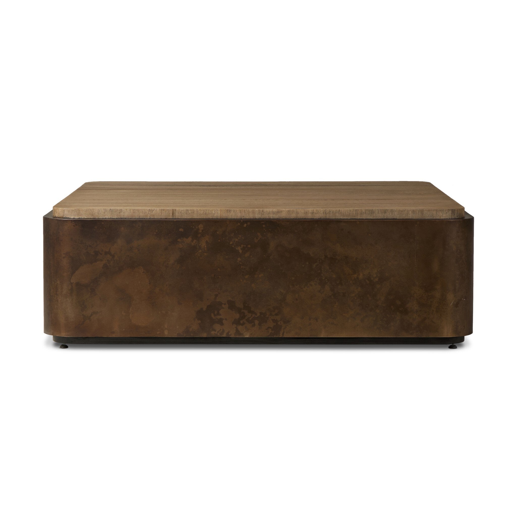 Four Hands Kipp Square Coffee Table — Burnt Bleached Oak Resawn-Rust Aluminum-Black Pine