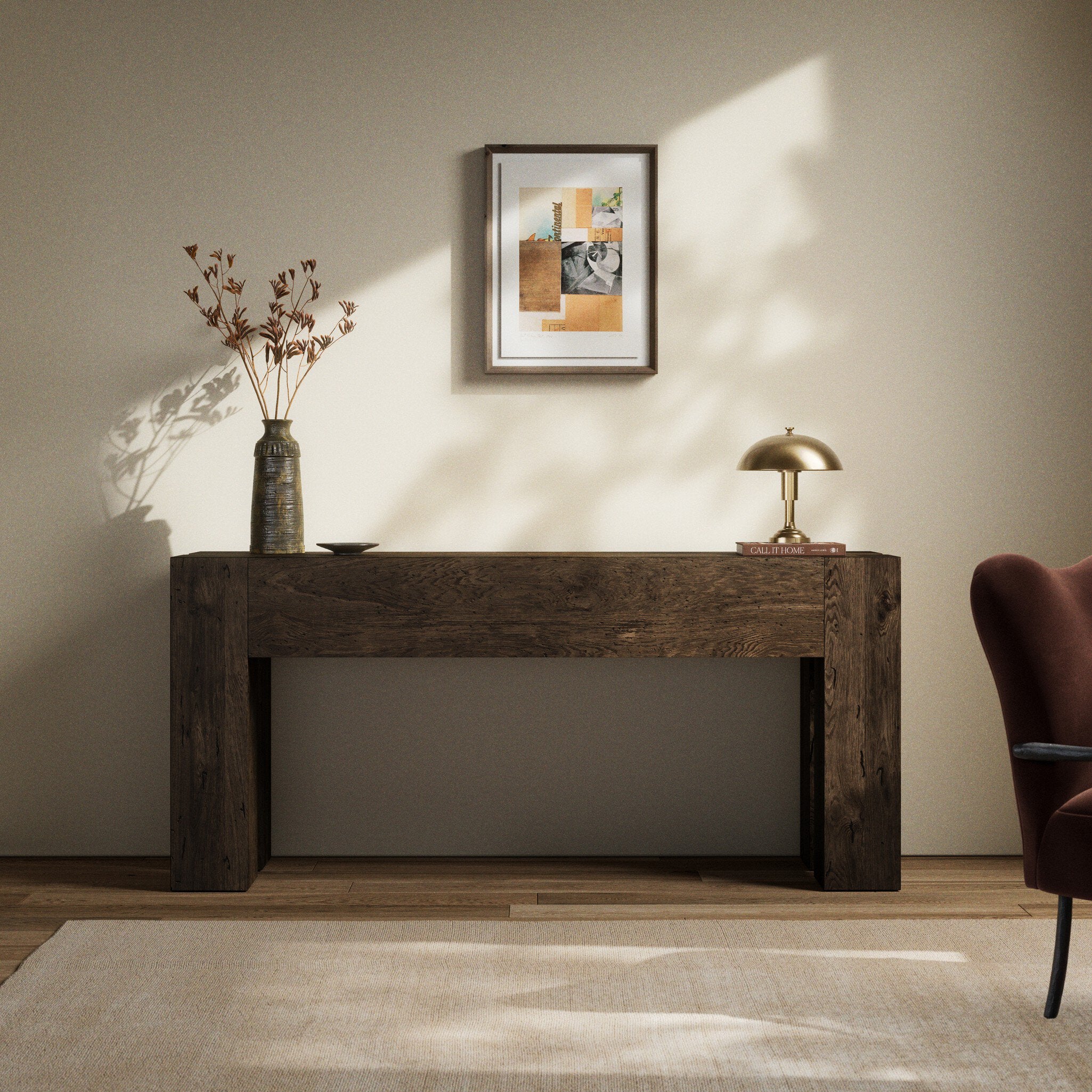 Four Hands Abaso Console Table — Ebony Rustic Wormwood Oak-Smoked Oak Veneer