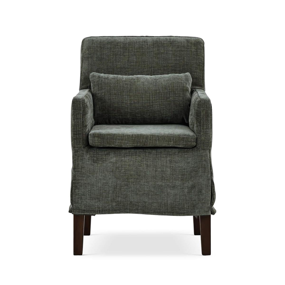 Bramble Bilboa Slipcovered Arm Dining Chair — Dark Walnut / Thames Moss Green
