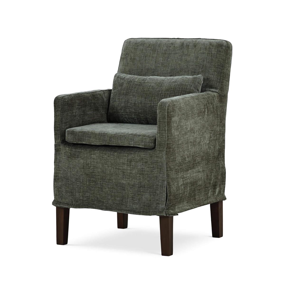 Bramble Bilboa Slipcovered Arm Dining Chair — Dark Walnut / Thames Moss Green