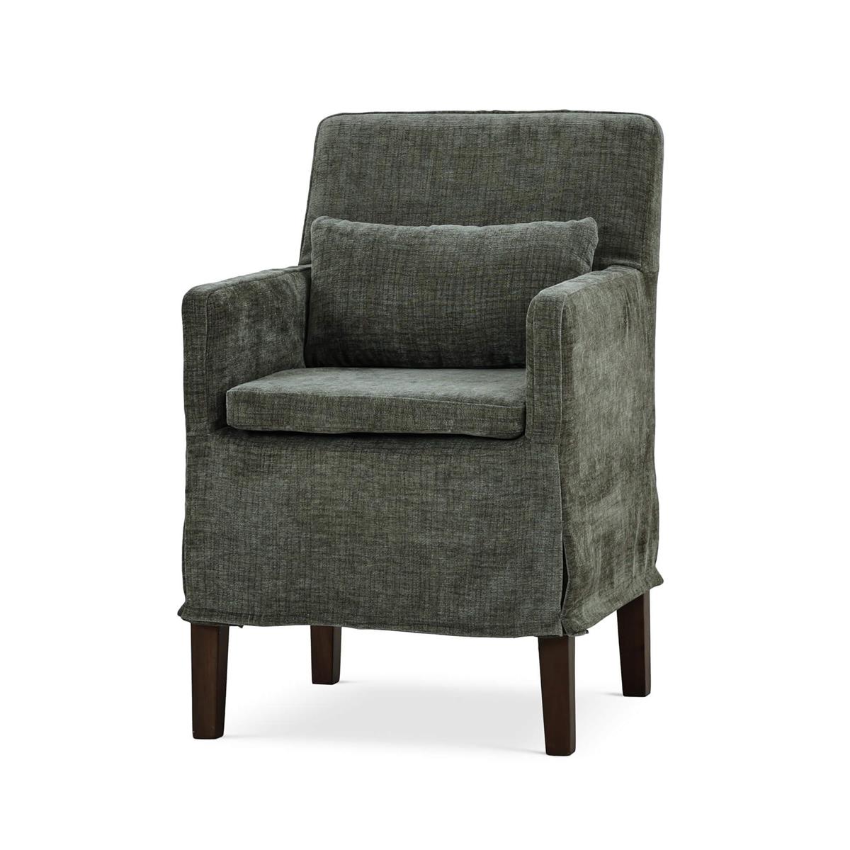Bramble Bilboa Slipcovered Arm Dining Chair — Dark Walnut / Thames Moss Green