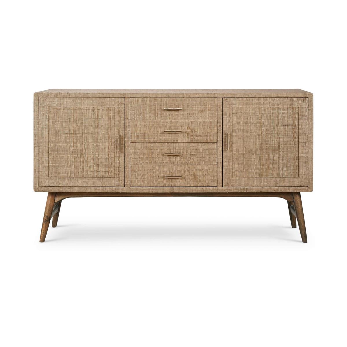 Bramble Pierre Mid Century Buffet/Media w/ Raw Raffia and Straw — Raffia Raw / Straw Wash