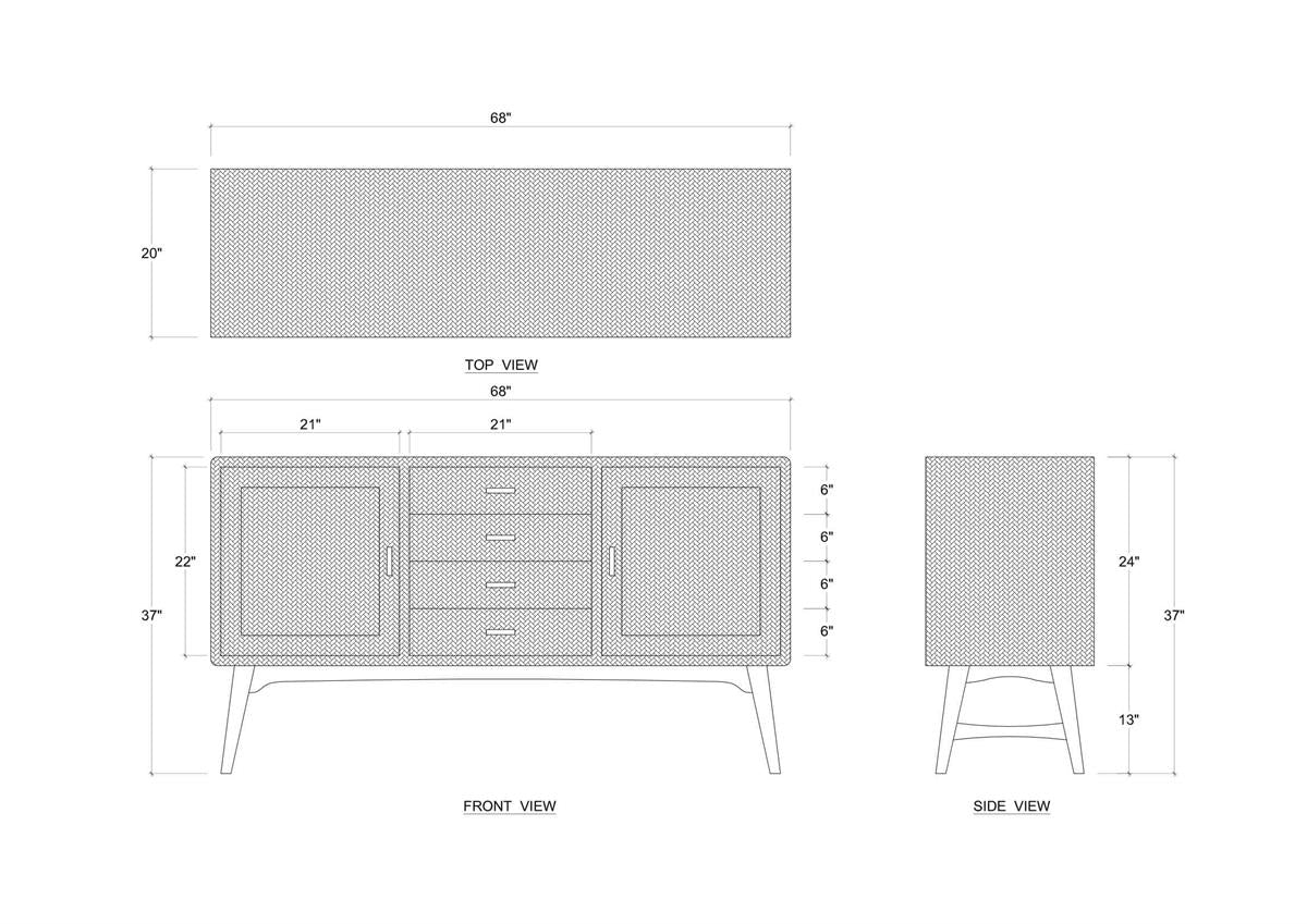 Bramble Pierre Mid Century Buffet/Media w/ Raw Raffia and Straw — Raffia Raw / Straw Wash