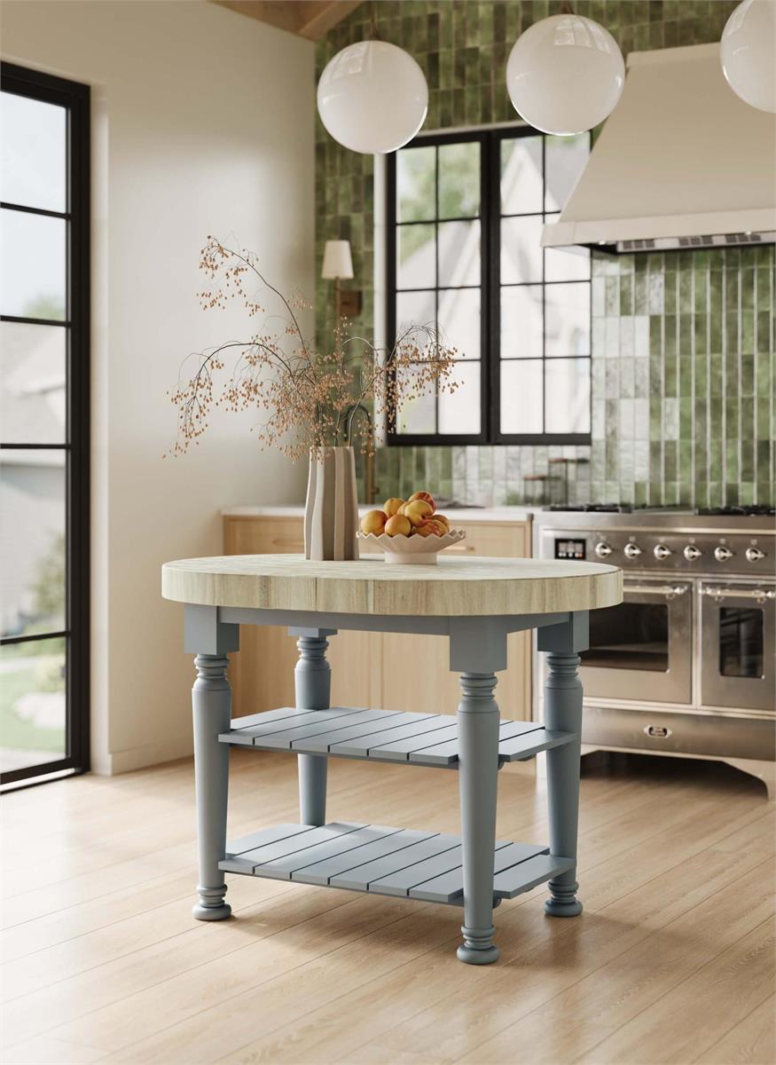 Bramble Farmhouse Butcher Block Kitchen Island — Pale Blue / RAW