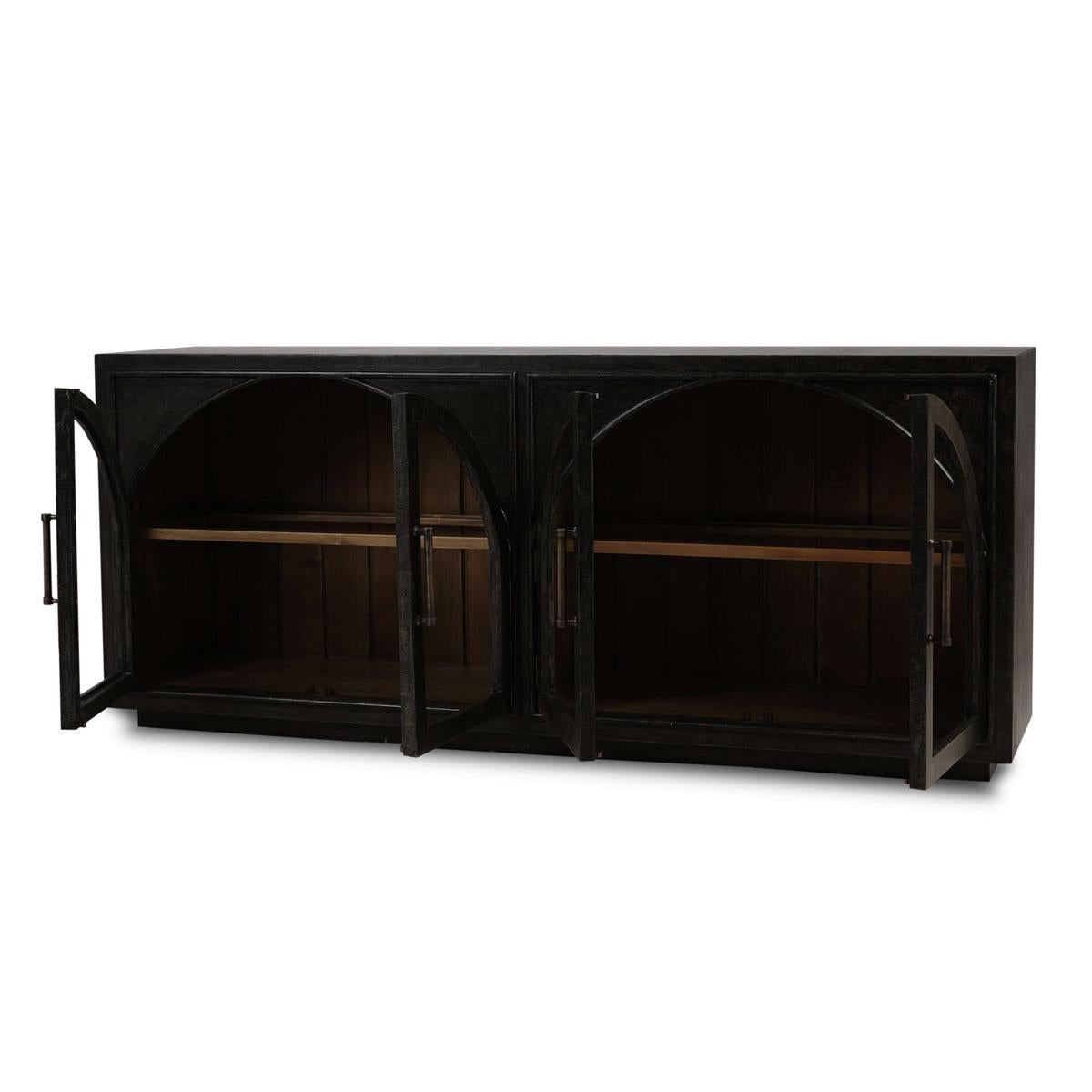 Bramble Vannes 4 Door Sideboard w/ Glass Shelves — Vintage Black / Straw Wash