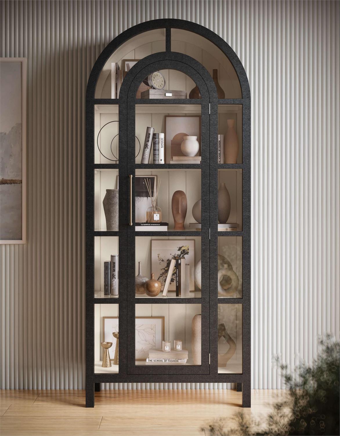Bramble Vannes Display Cabinet w/ Glass Shelves — Vintage Black / Putty