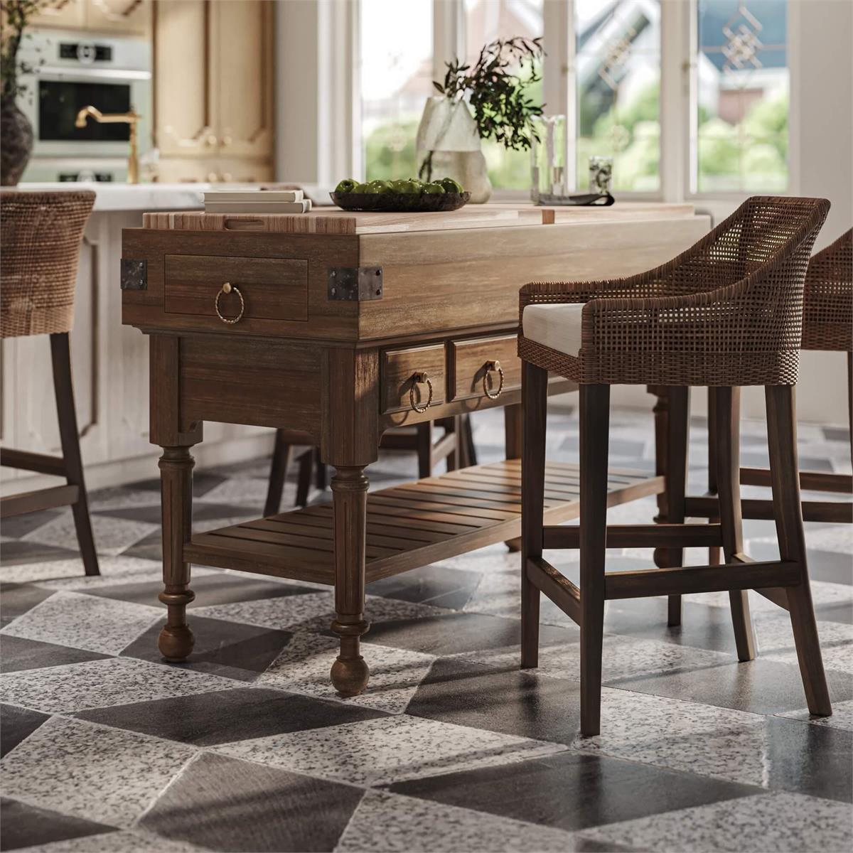 Bramble Savanah Rattan Counter Stool w/ Seat Cushion — Dark Walnut / Arctic