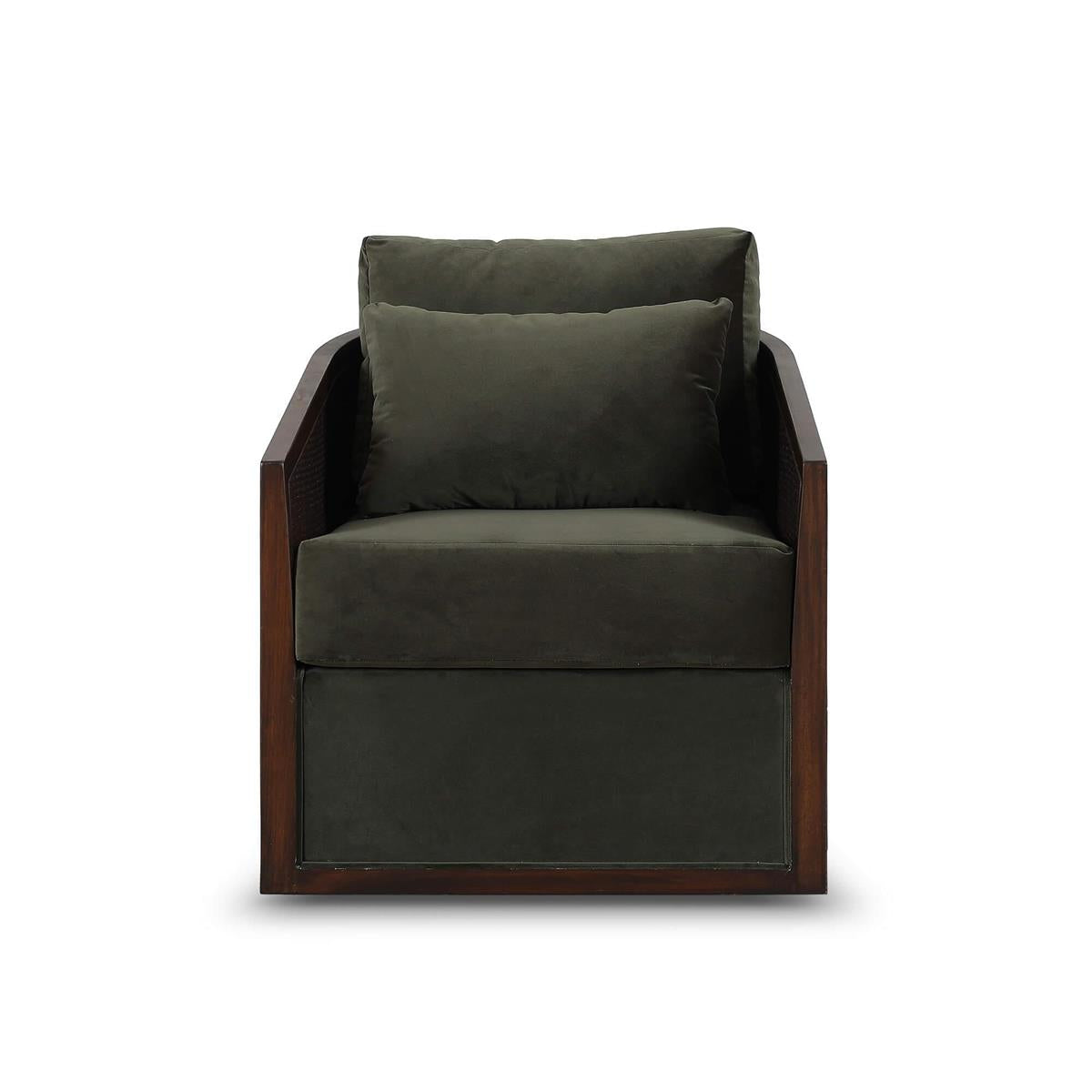 Bramble Willis Swivel Chair w/ Mahogany Frame & Rattan — Matt Teak Brown / Forest Moss Velvet