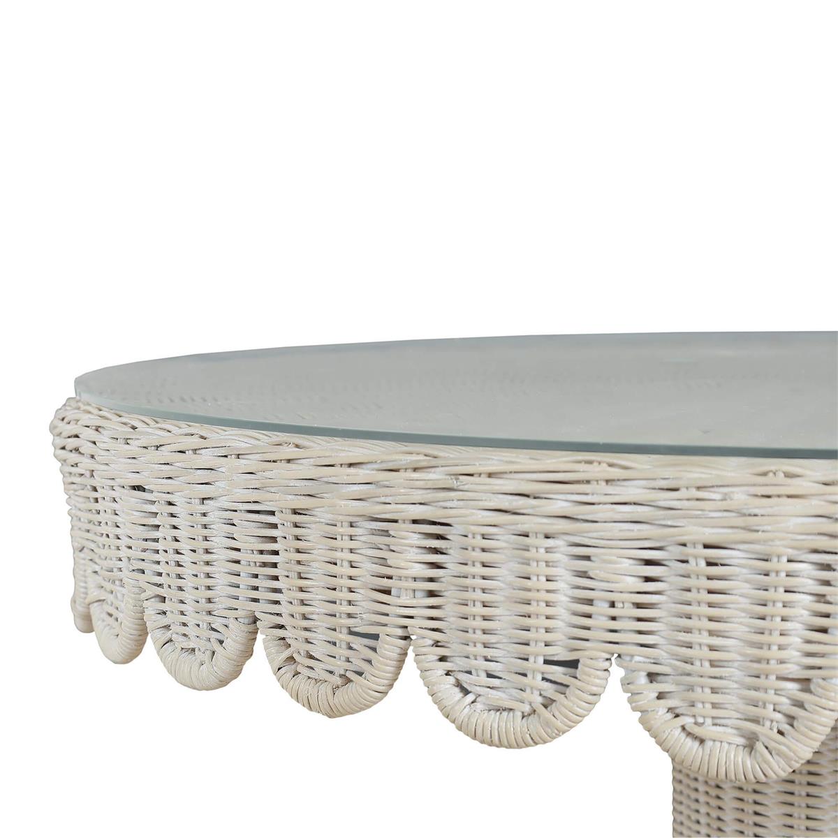 Bramble Scalloped Round Bistro Table w/ Tempered Glass — Rattan White Wash