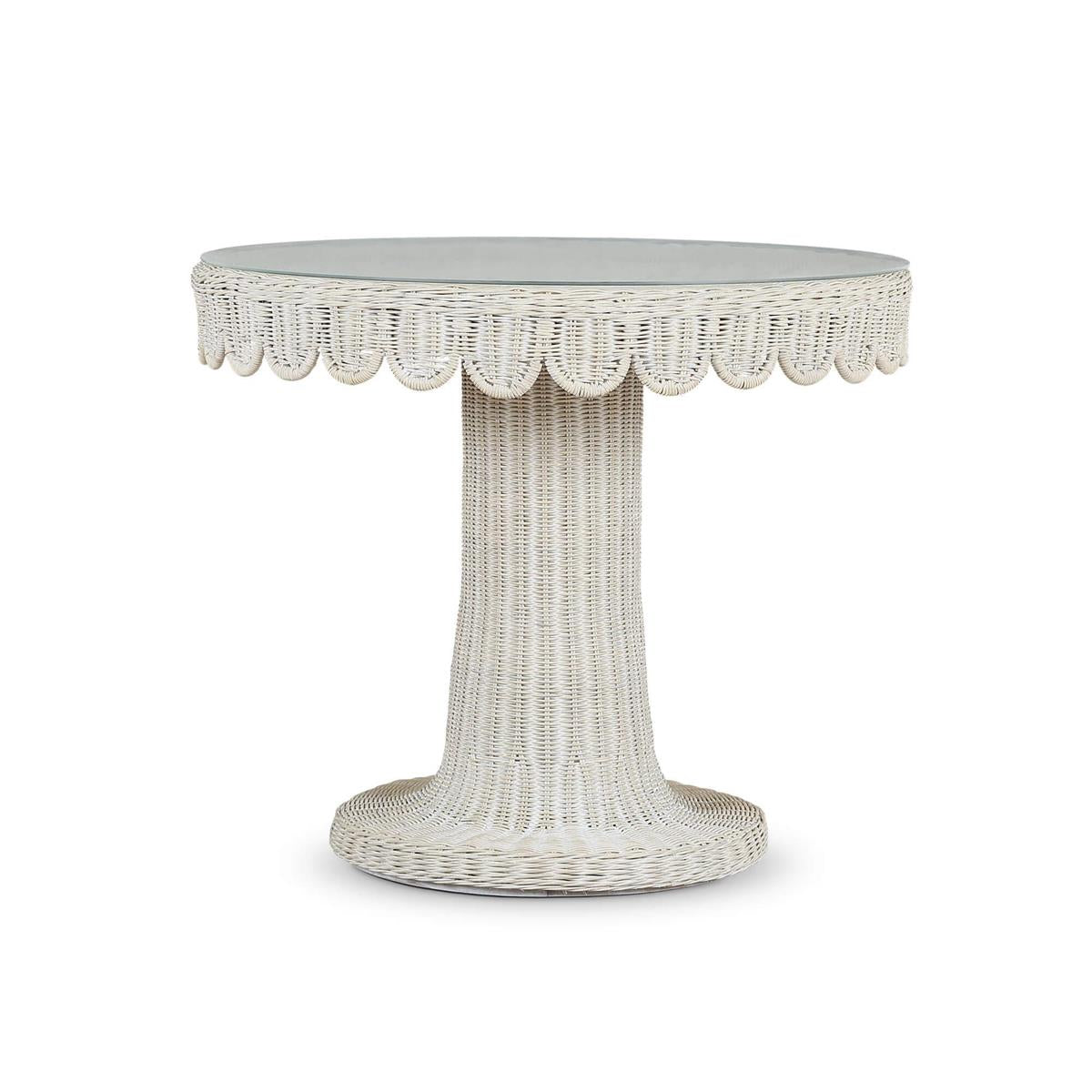 Bramble Scalloped Round Bistro Table w/ Tempered Glass — Rattan White Wash