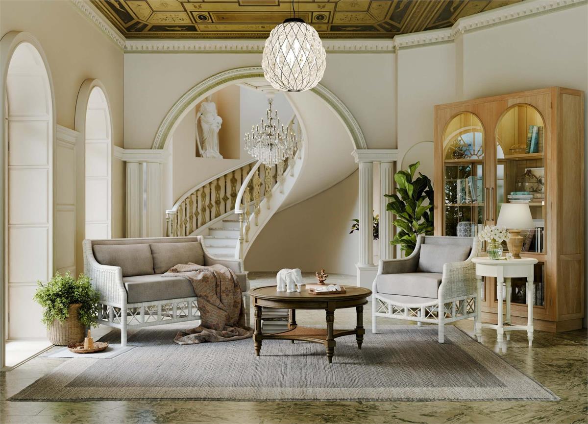 Bramble Rabana Rattan Loveseat — Rattan White Wash / Oatmeal Boucle Chenille