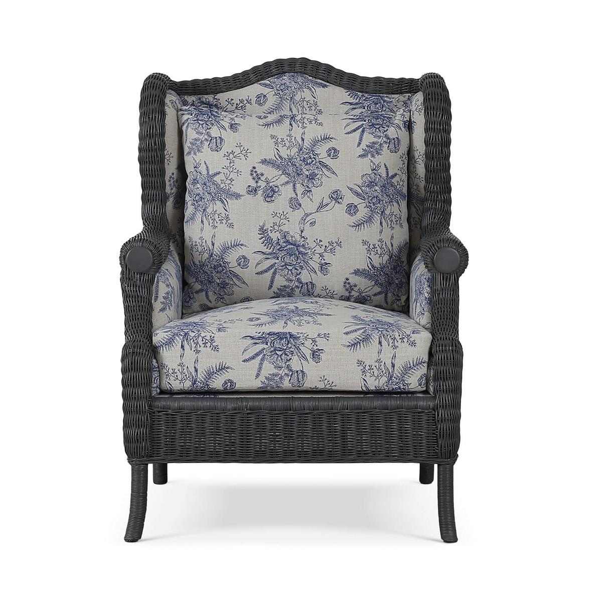 Bramble Marina Rattan Chair — Rattan Dark Charcoal / Le Jardin Blue