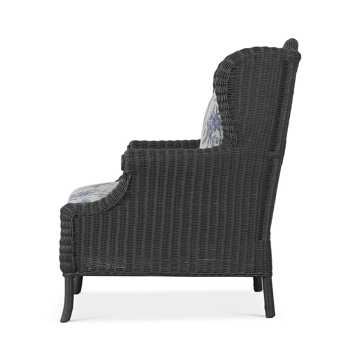 Bramble Marina Rattan Chair — Rattan Dark Charcoal / Le Jardin Blue