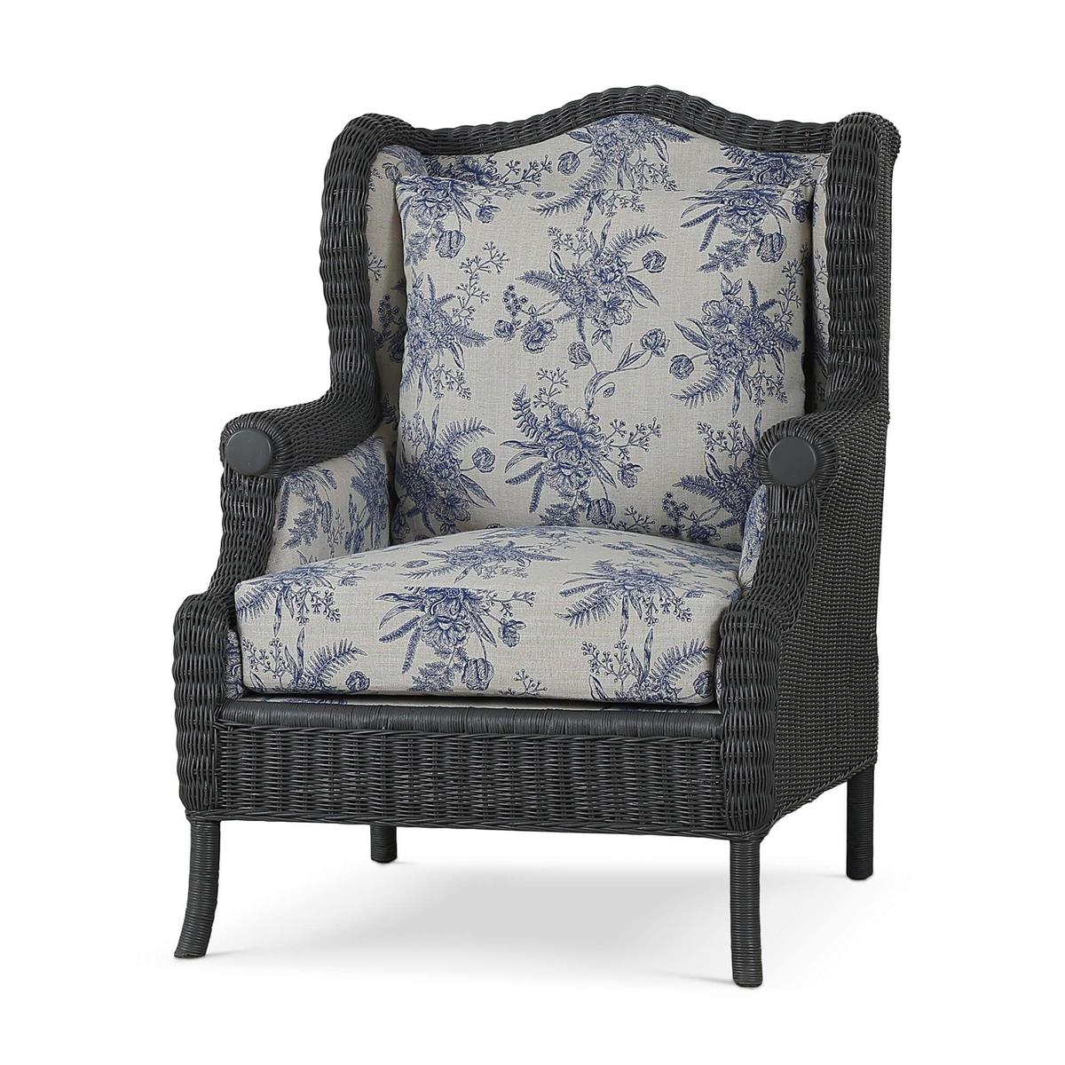 Bramble Marina Rattan Chair — Rattan Dark Charcoal / Le Jardin Blue