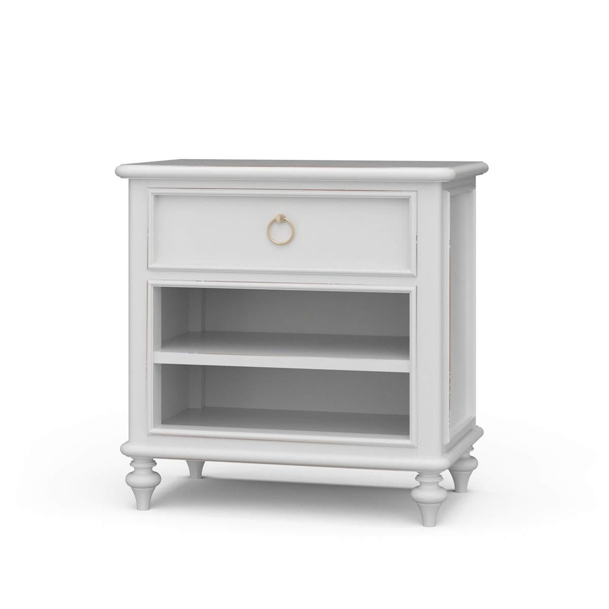 Bramble Savannah Bedside Table w/ Open Shelf — Architectural White / Light Distressed
