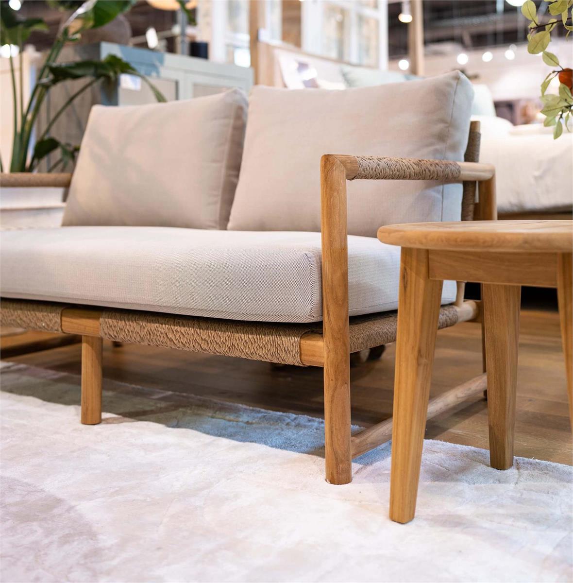 Bramble Jackson 2 Seater w/ Seat & Back Cushions - Outdoor Teak — Natural Teak Fine Sanded / Sunbrella Sand Cream