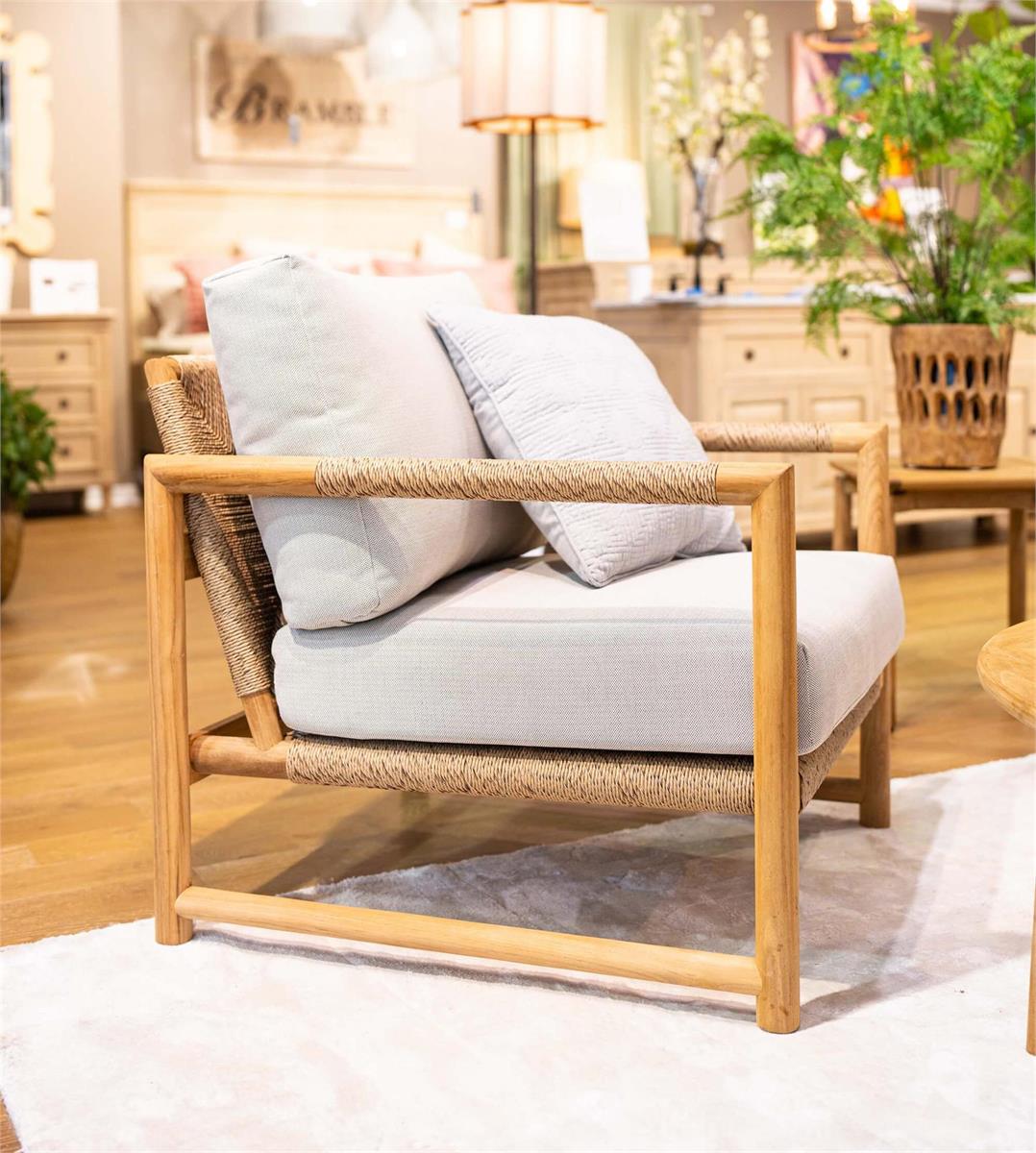 Bramble Jackson Single Seater w/ Seat & Back Cushions - Outdoor Teak — Natural Teak Fine Sanded / Sunbrella Sand Cream