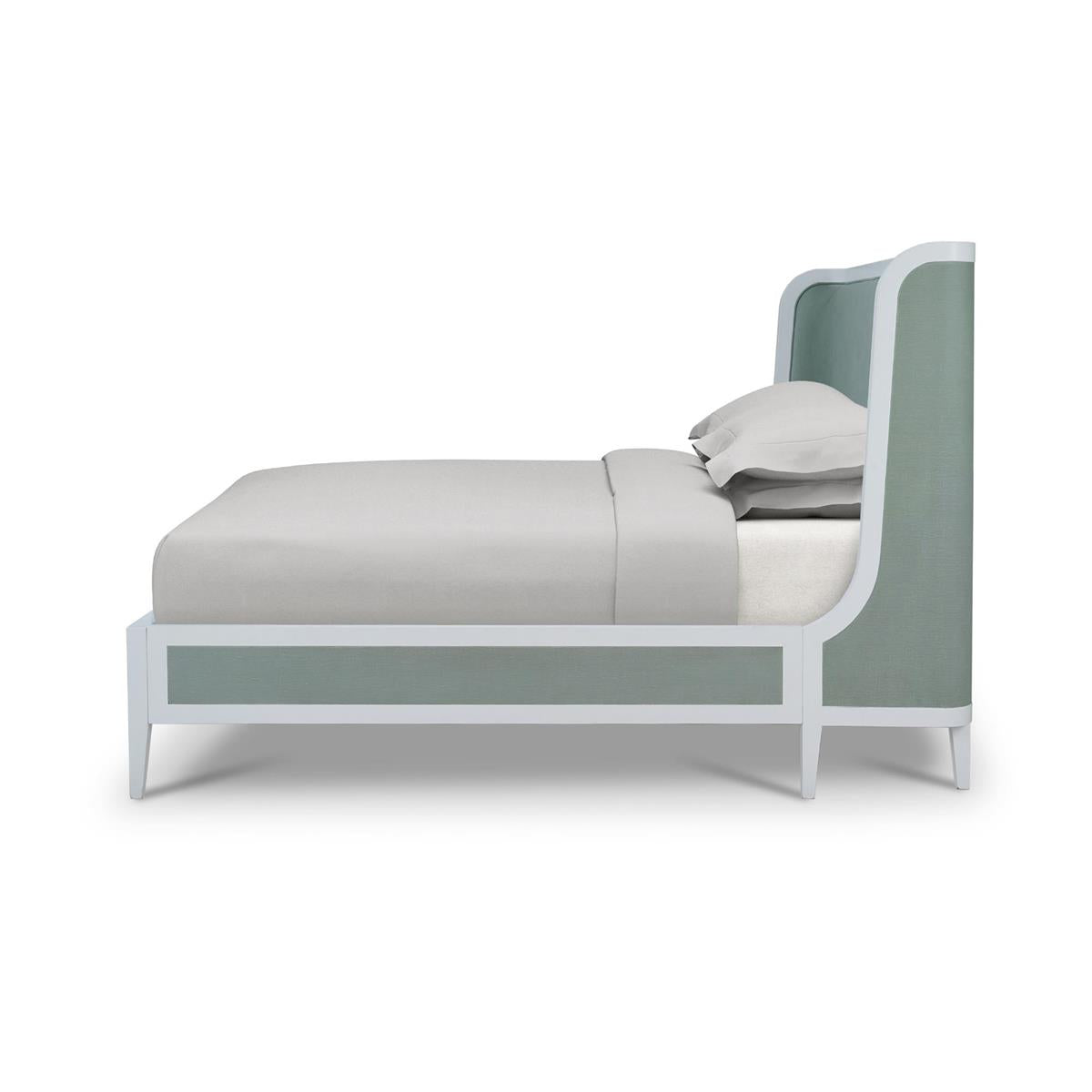 Bramble Mornington Queen Upholstered & Linen Wrapped Bed w/ True White Frame Yuko Sky Performance Fabric & Pale Blue Linen — True White * / Yuko Sky