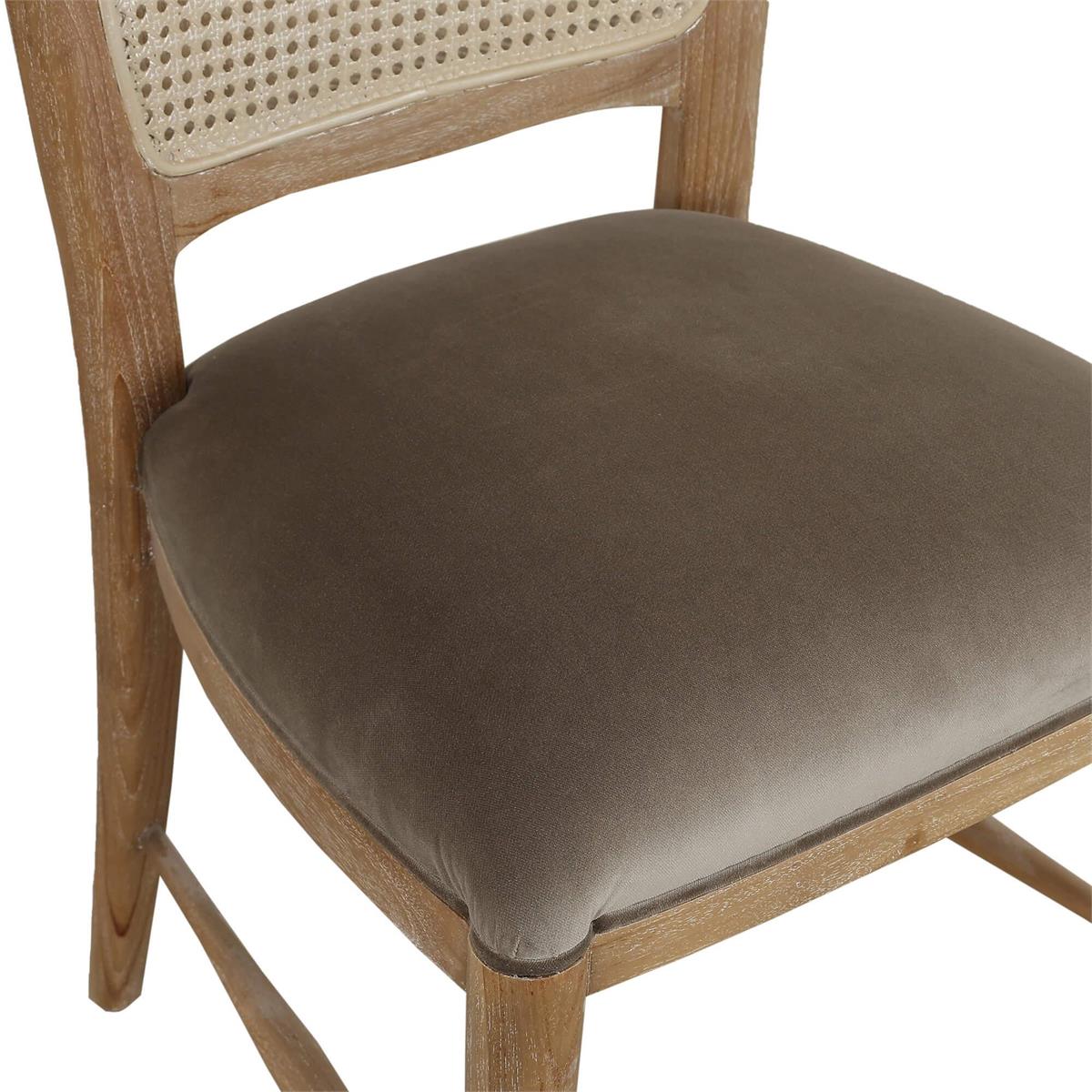 Bramble Laurna Upholstered Teak Dining Chair w/ Rattan Back — Teak White Wash / Espresso Brown Velvet