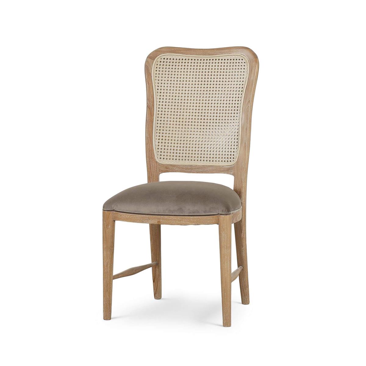 Bramble Laurna Upholstered Teak Dining Chair w/ Rattan Back — Teak White Wash / Espresso Brown Velvet