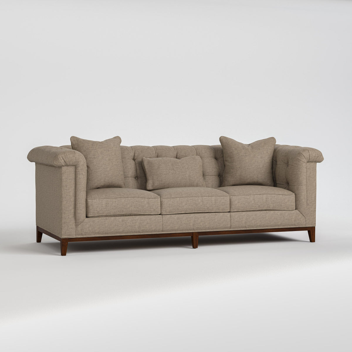 Stickley Fairfax 98-inch Sofa — taupe 7653-91 fabric with throw pillows, three-quarter view