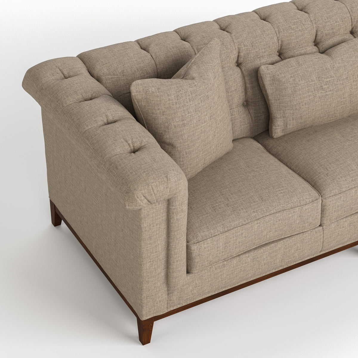 Stickley Fairfax 98-inch Sofa — close-up of the tufted arm and back in taupe 7653-91 fabric