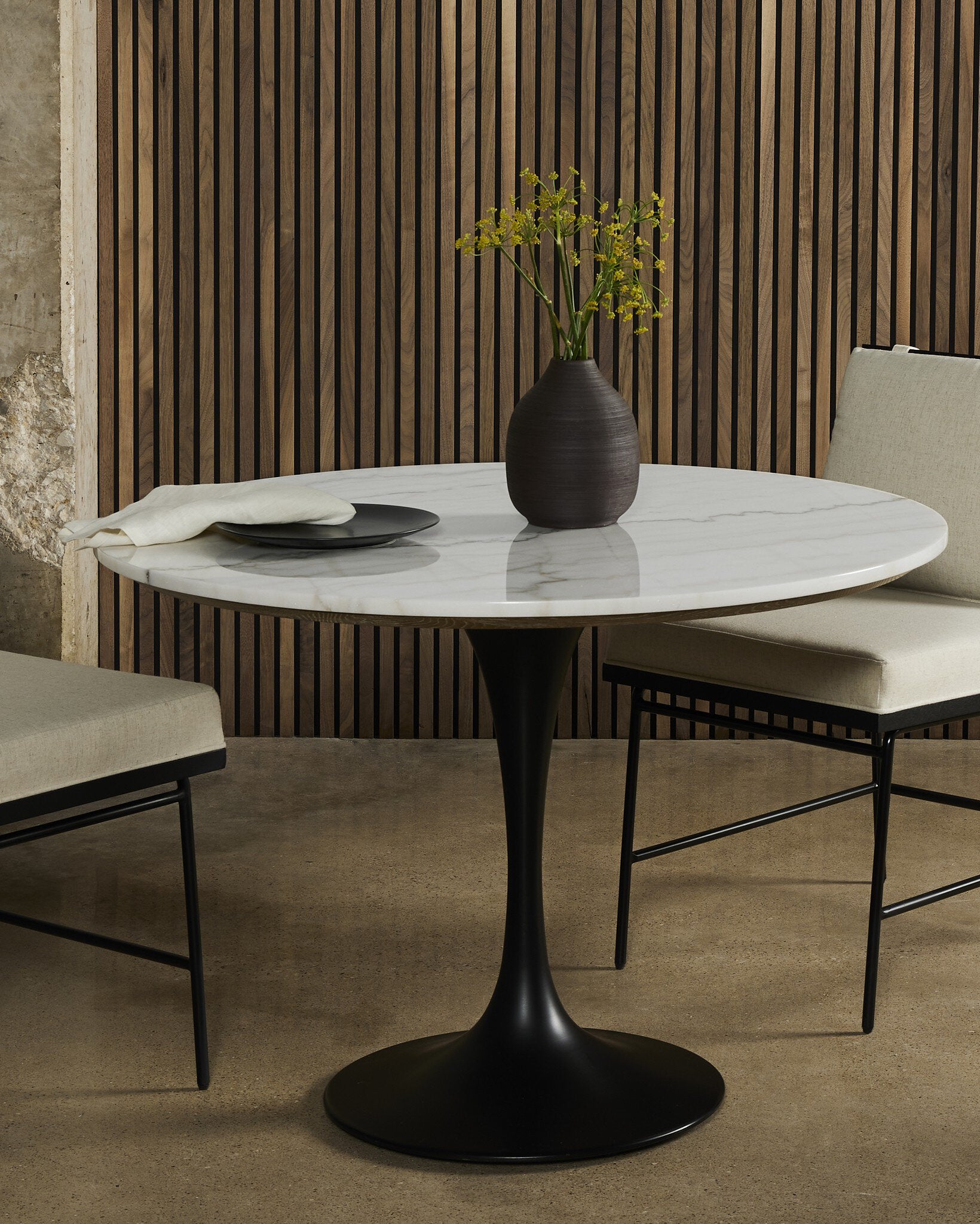 Four Hands Powell Dining Table — Dark Rustic Black-Weathered Ash-White Marble