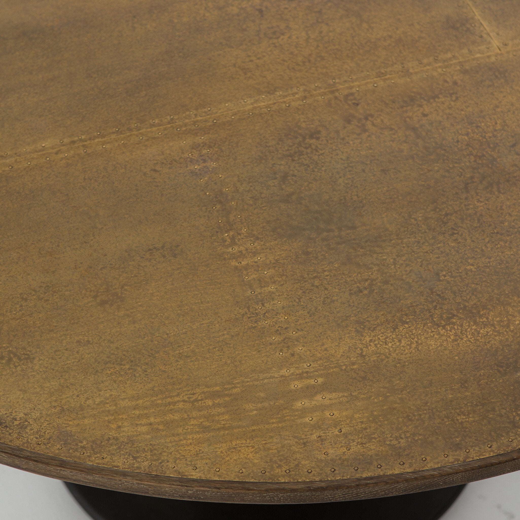 Four Hands Powell Dining Table — Bright Brass Clad-Light Burnt Oak-Dark Rustic Black