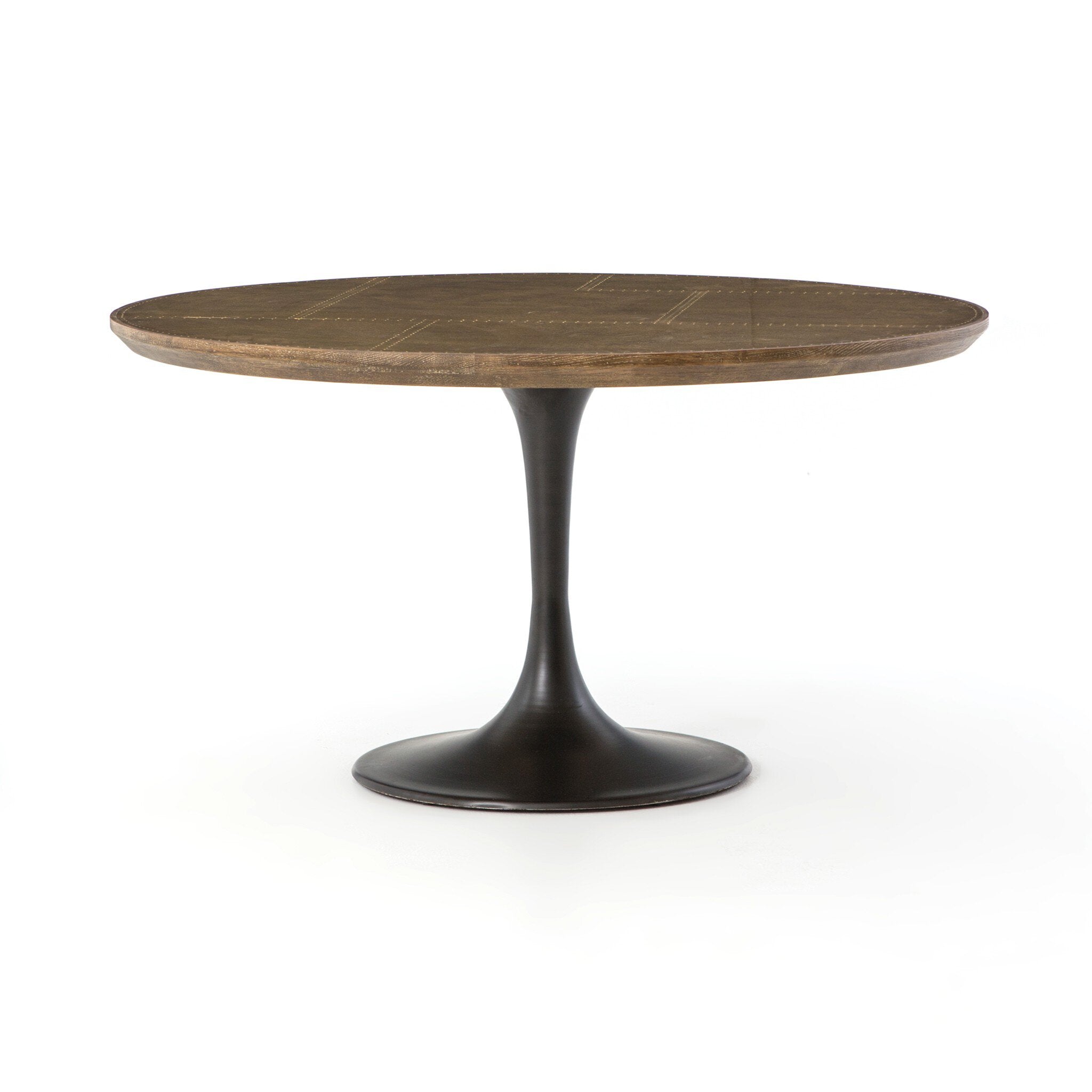Four Hands Powell Dining Table — Bright Brass Clad-Light Burnt Oak-Dark Rustic Black