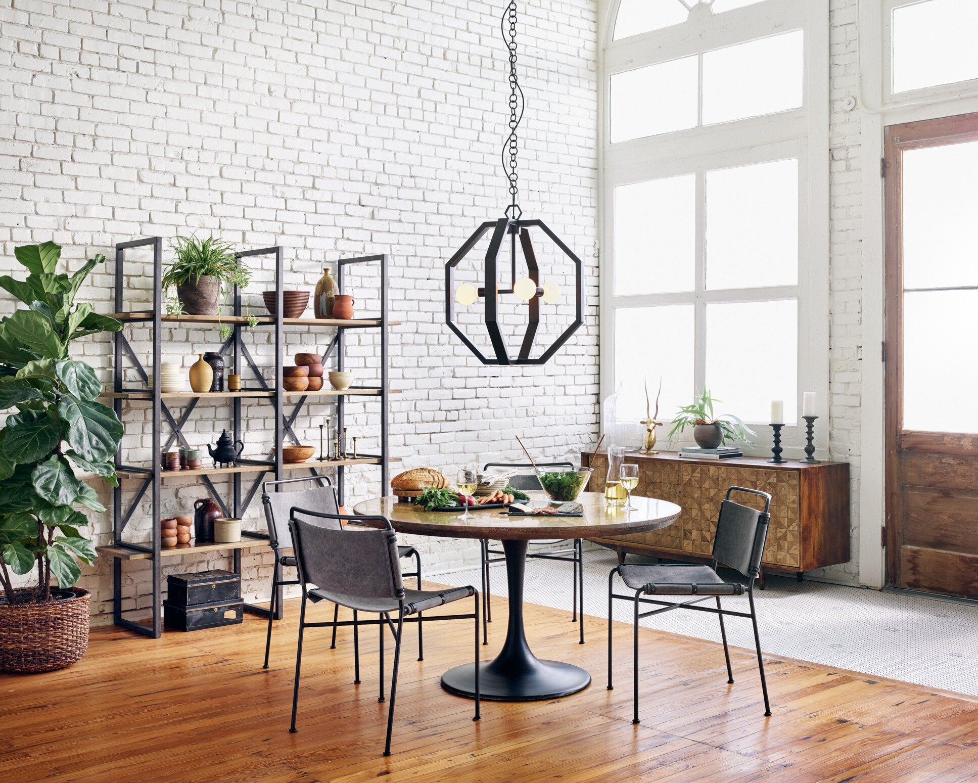 Four Hands Powell Dining Table — Bright Brass Clad-Light Burnt Oak-Dark Rustic Black