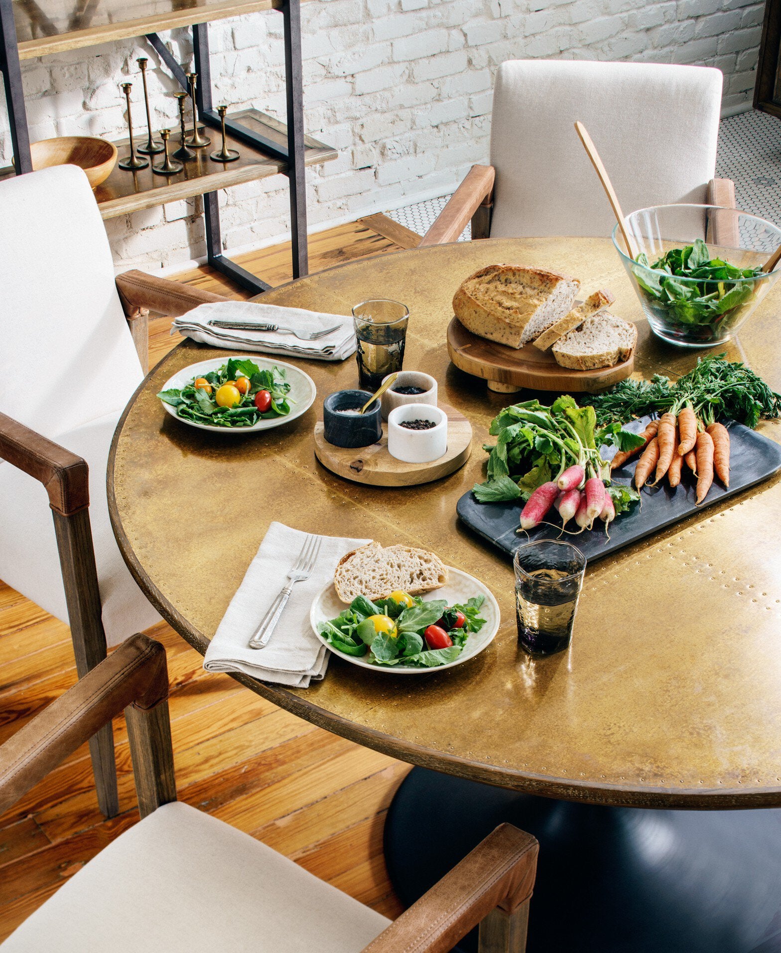 Four Hands Powell Dining Table — Bright Brass Clad-Light Burnt Oak-Dark Rustic Black