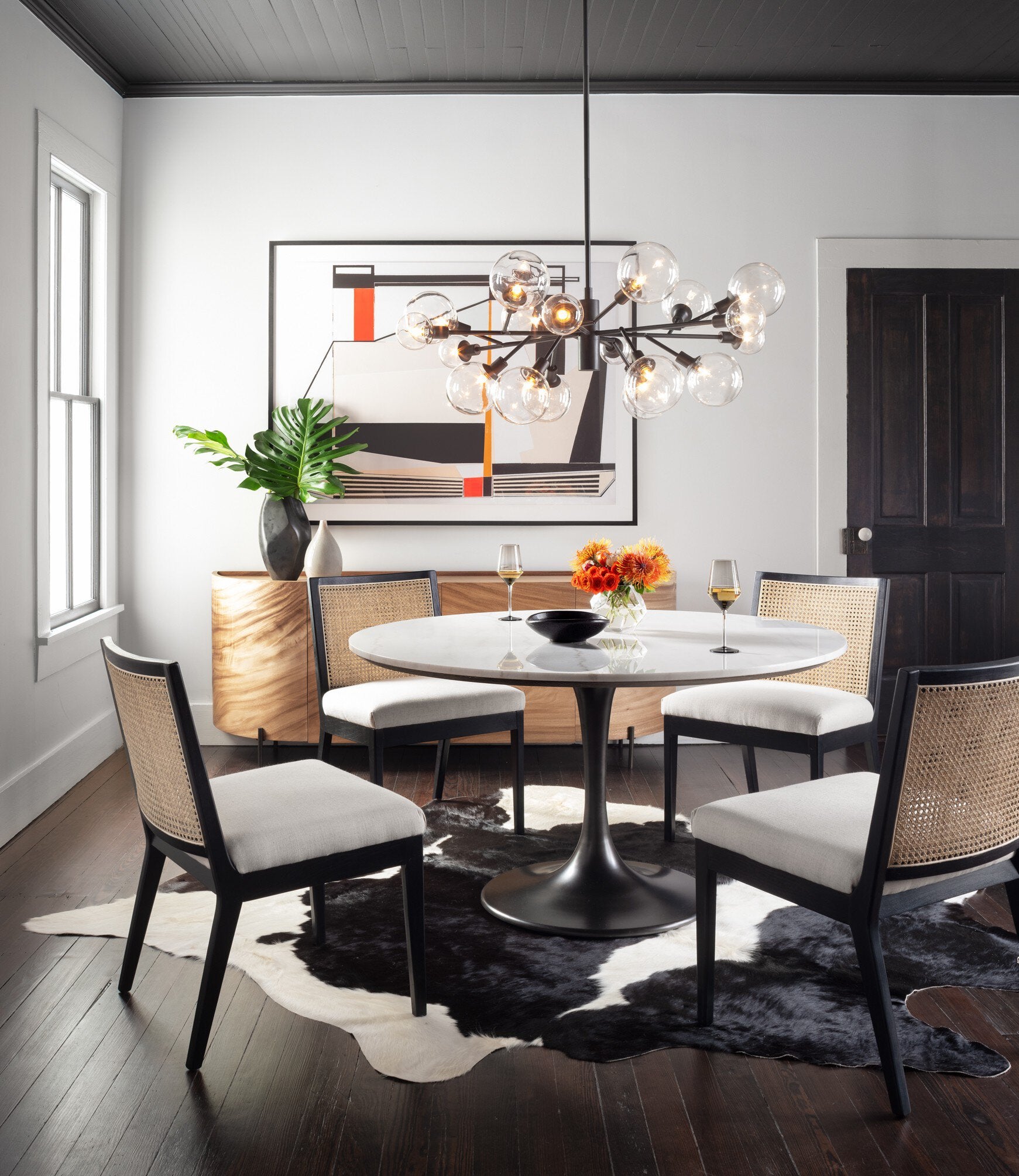 Four Hands Powell Dining Table — White Marble-Weathered Ash-Dark Rustic Black
