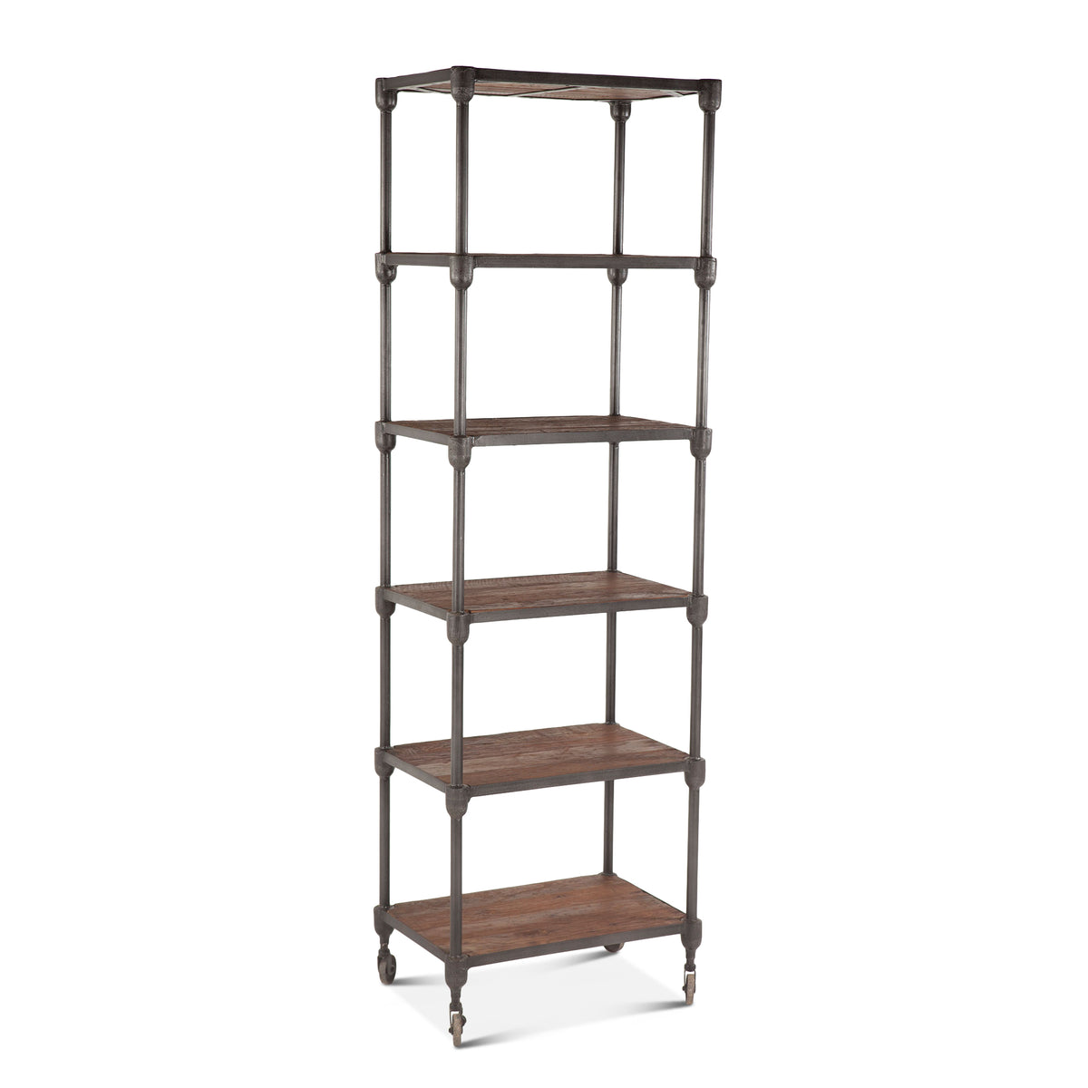 Home Trends Direct Industrial Teak 80" Wheeled Bookshelf — Natural Reclaimed Wood