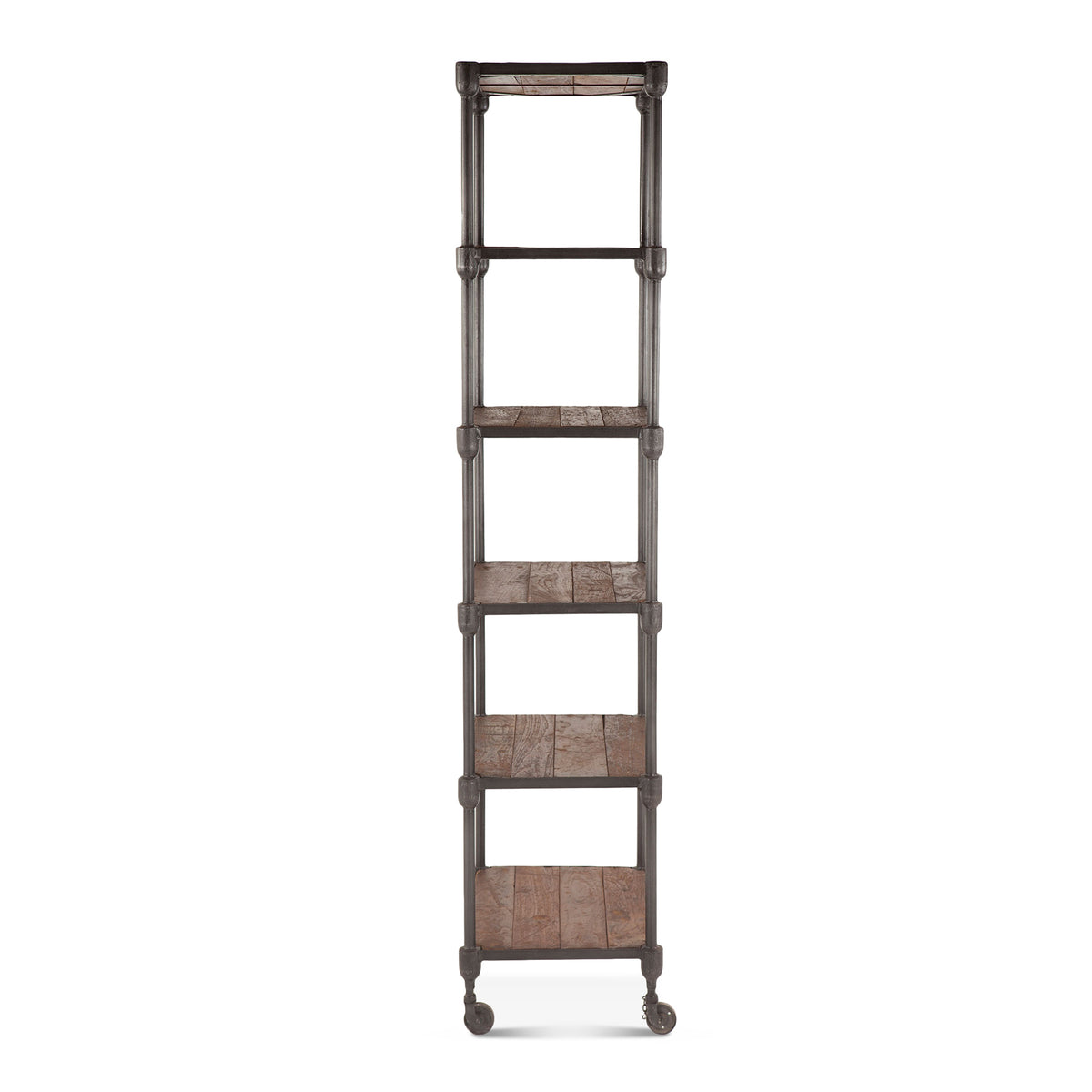 Home Trends Direct Industrial Teak 80" Wheeled Bookshelf — Natural Reclaimed Wood