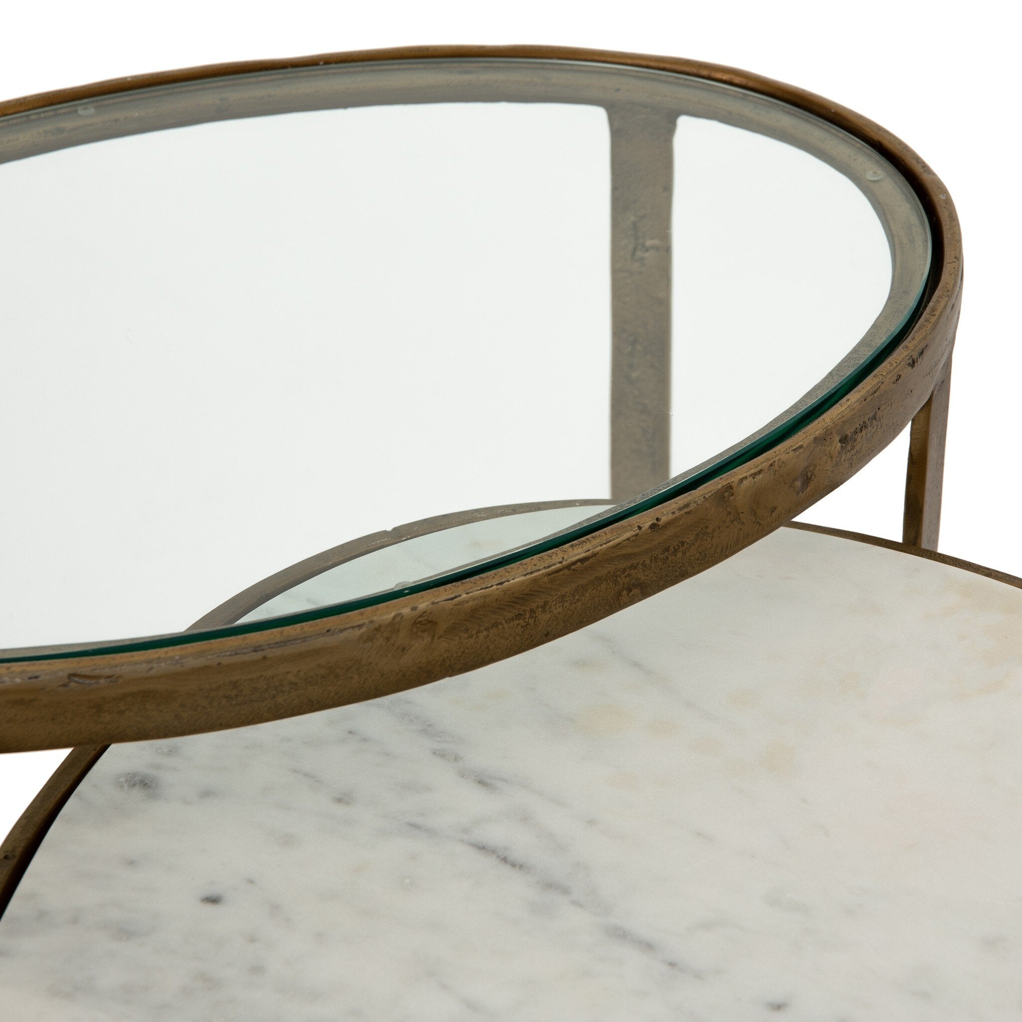Four Hands Calder Nesting Coffee Table — Raw Brass-Tempered Glass-Polished White Marble