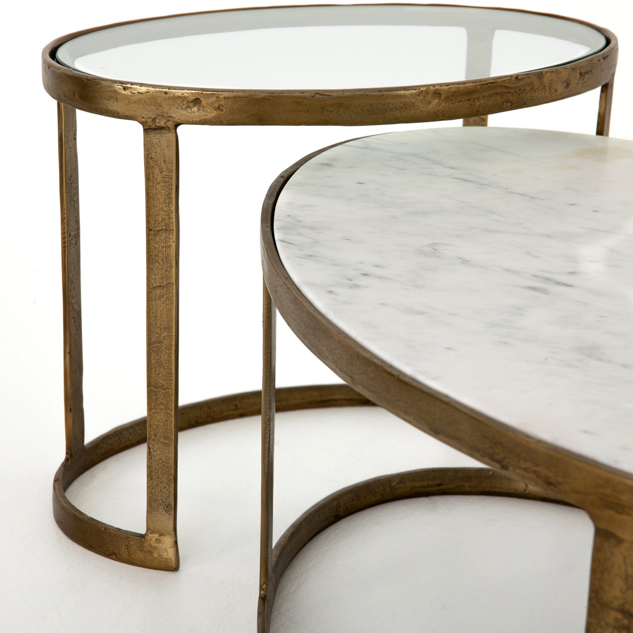 Four Hands Calder Nesting Coffee Table — Raw Brass-Tempered Glass-Polished White Marble