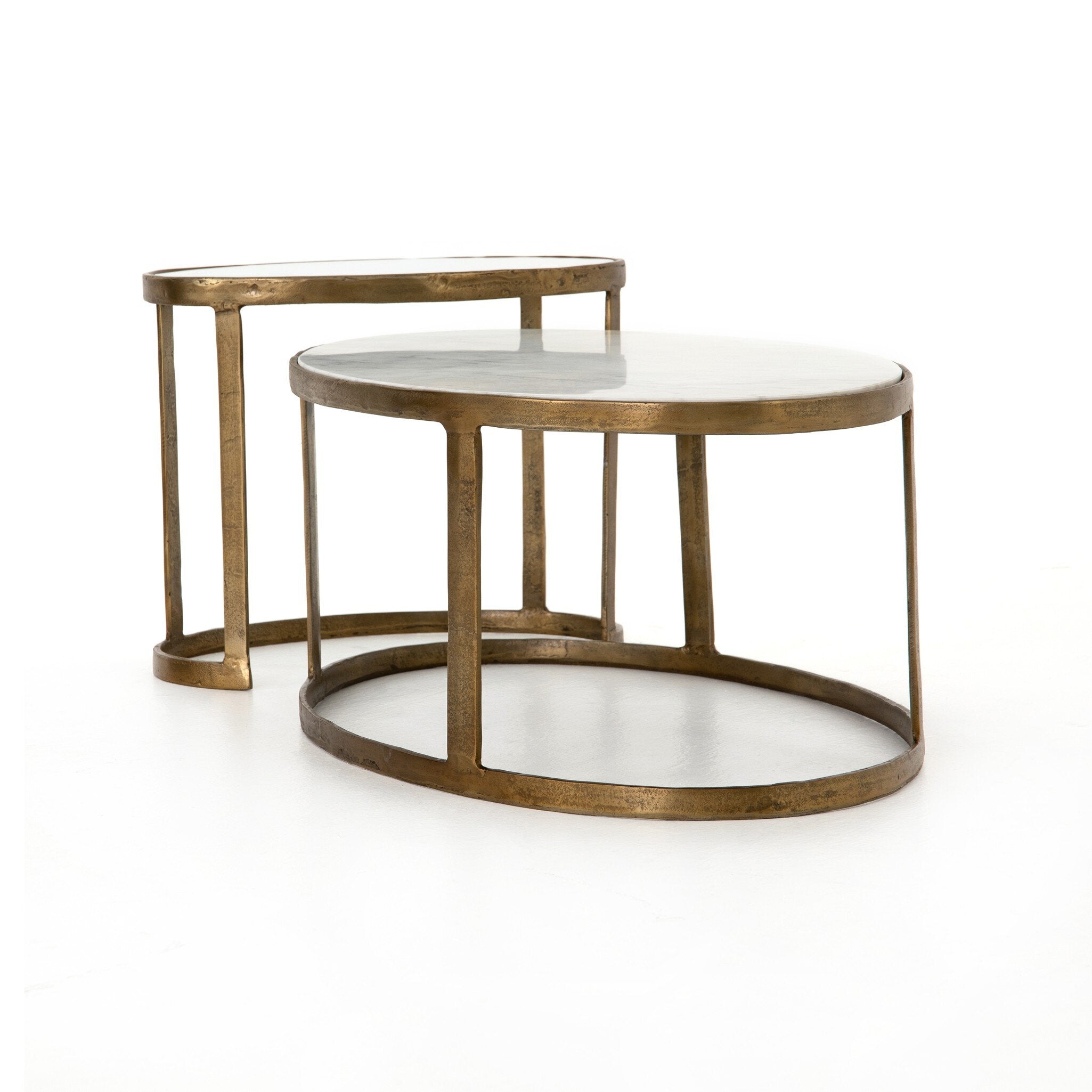 Four Hands Calder Nesting Coffee Table — Raw Brass-Tempered Glass-Polished White Marble
