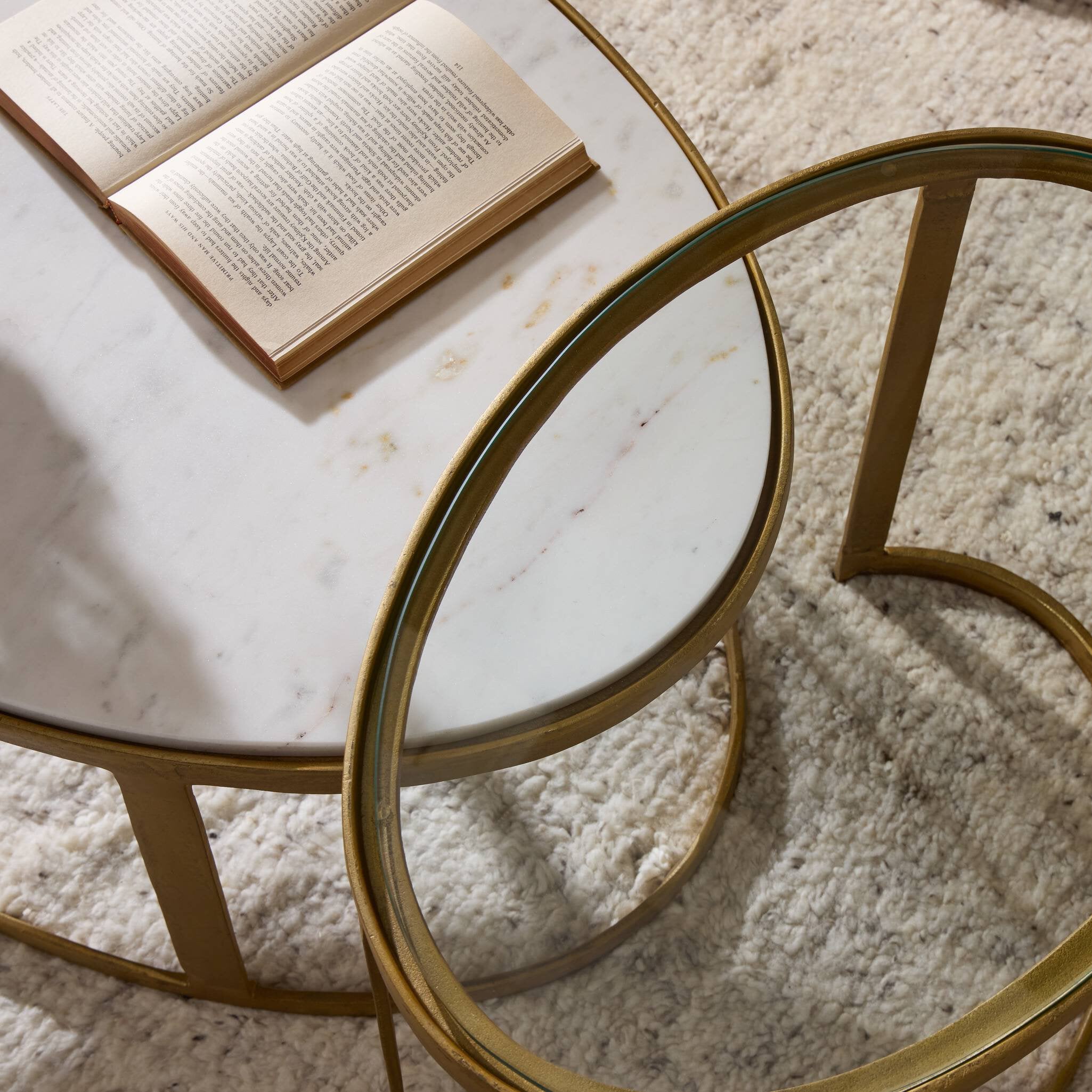 Four Hands Calder Nesting Coffee Table — Raw Brass-Tempered Glass-Polished White Marble